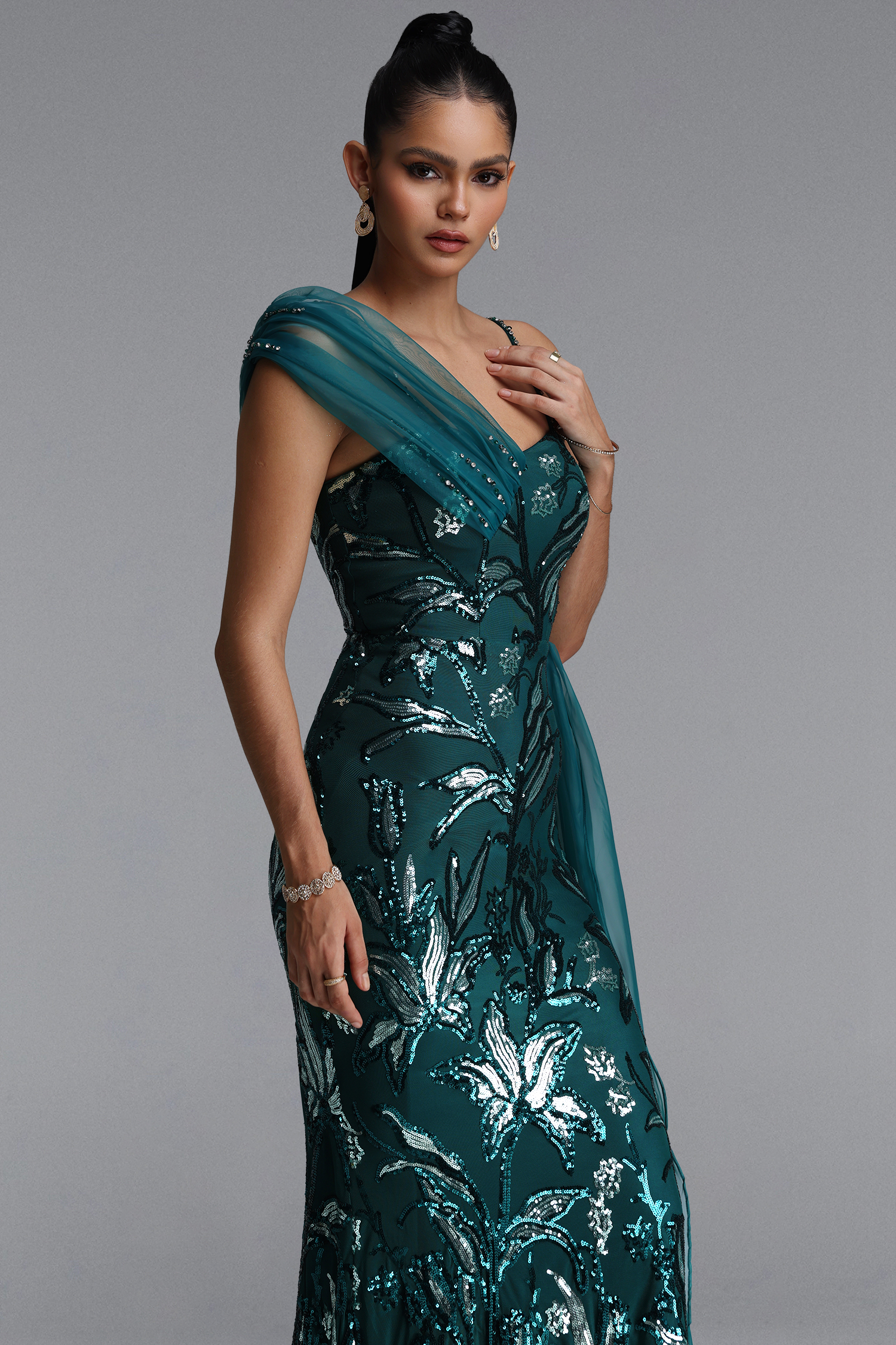 Jikia Glamorous Off Shoulder Floral Chiffon Side Train Sequin Maxi Dress