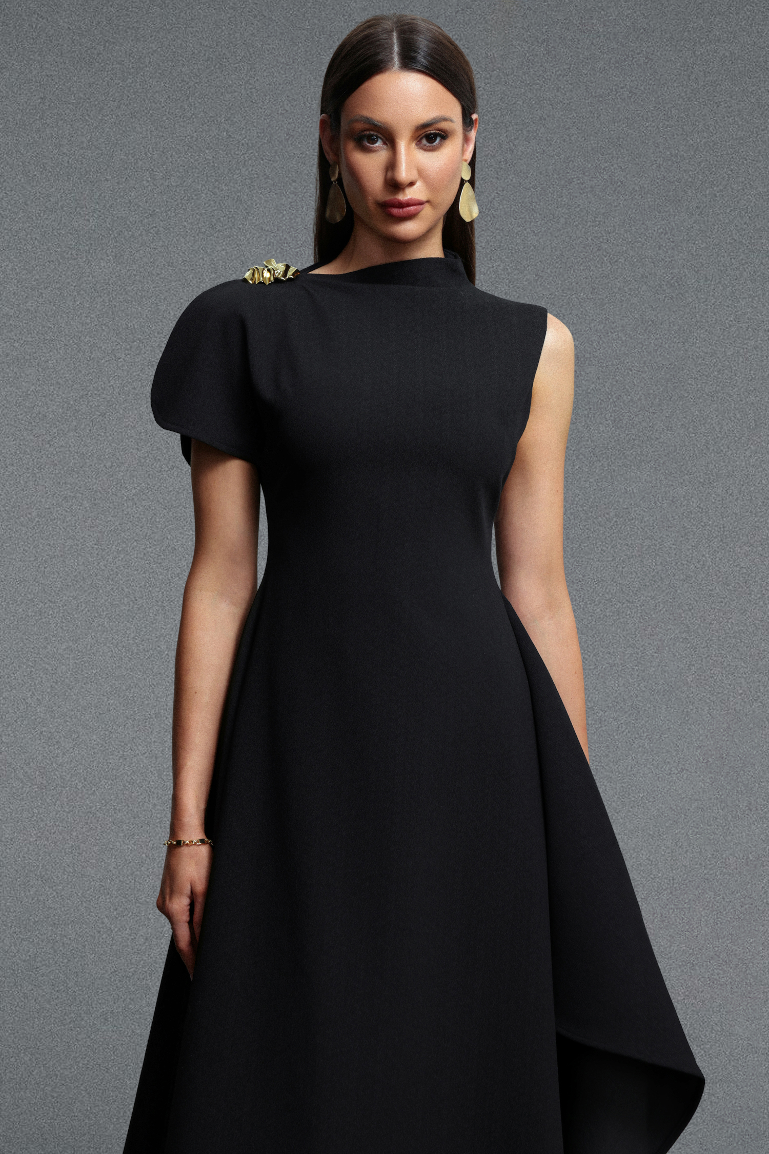 Weren Elegant Contour High Neck Asymmetric Black Maxi Dress