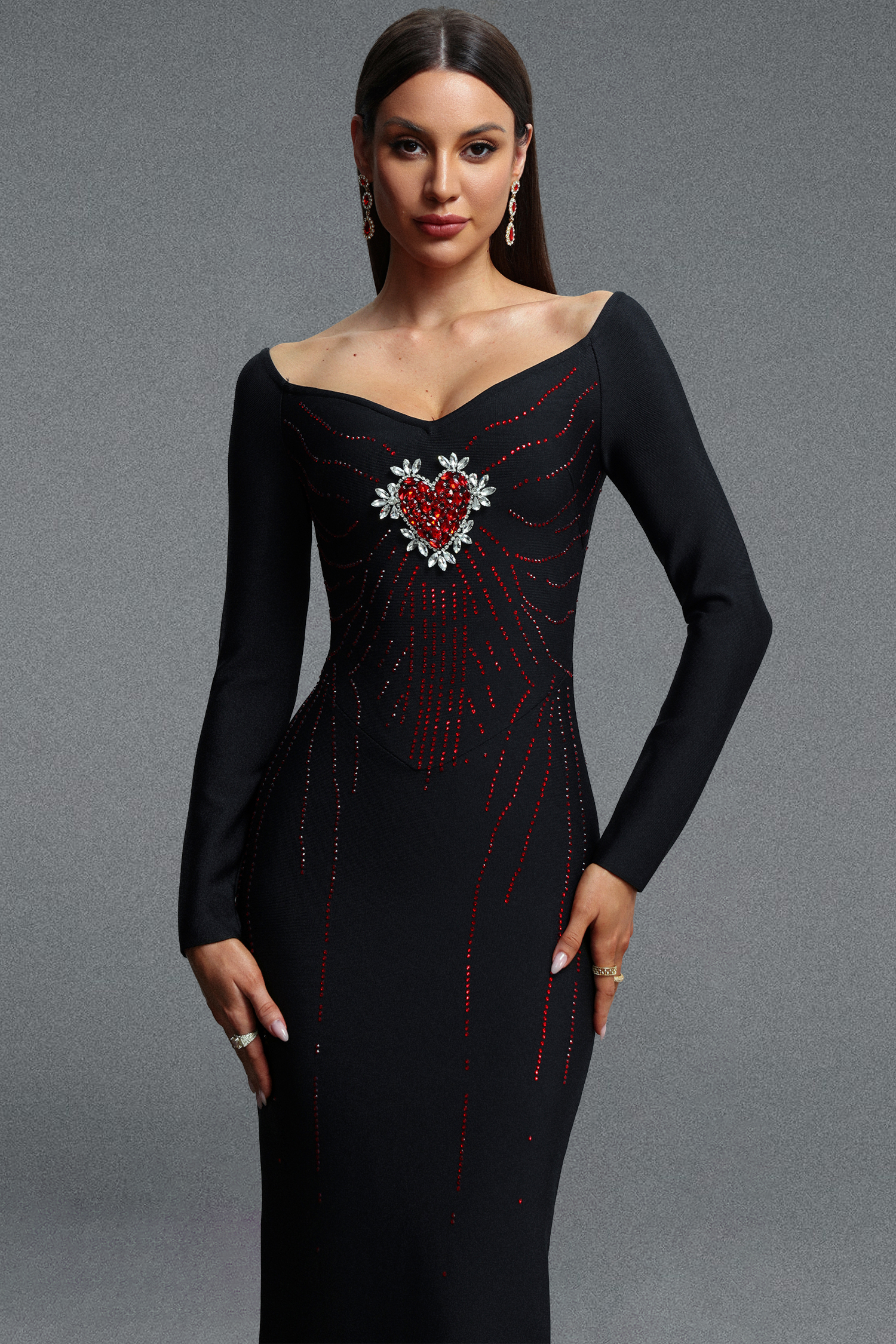 Zakana Glamorous Long Sleeve Heart Rhinestone Embellished Bandage Maxi Dress