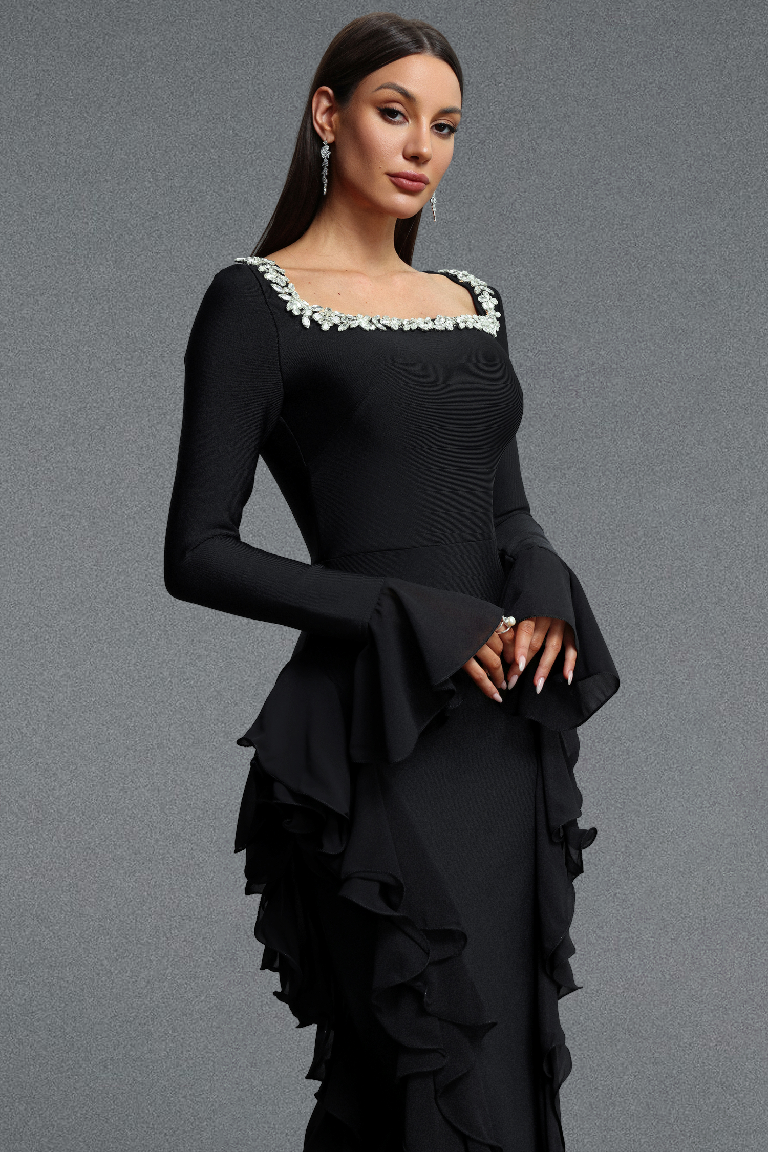 Mavis Elegant Luxurious Square Neck Long Sleeve Rhinestone Embellished Ruffle Bandage Maxi Dress