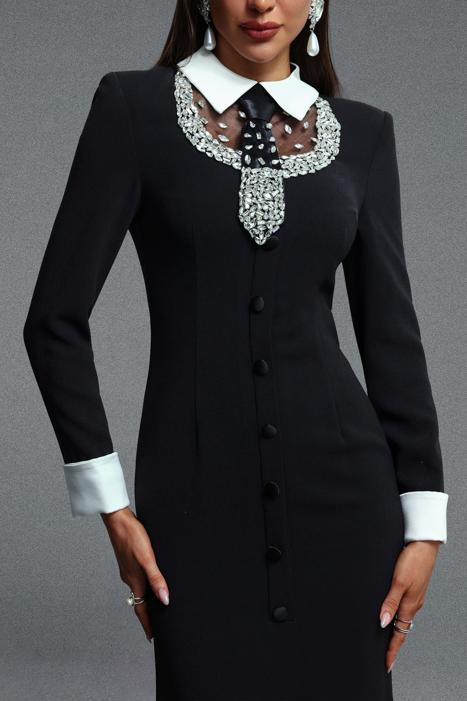 Vallea Classic Luxurious Long Sleeve Lapel Rhinestone Embellished Woven Maxi Dress