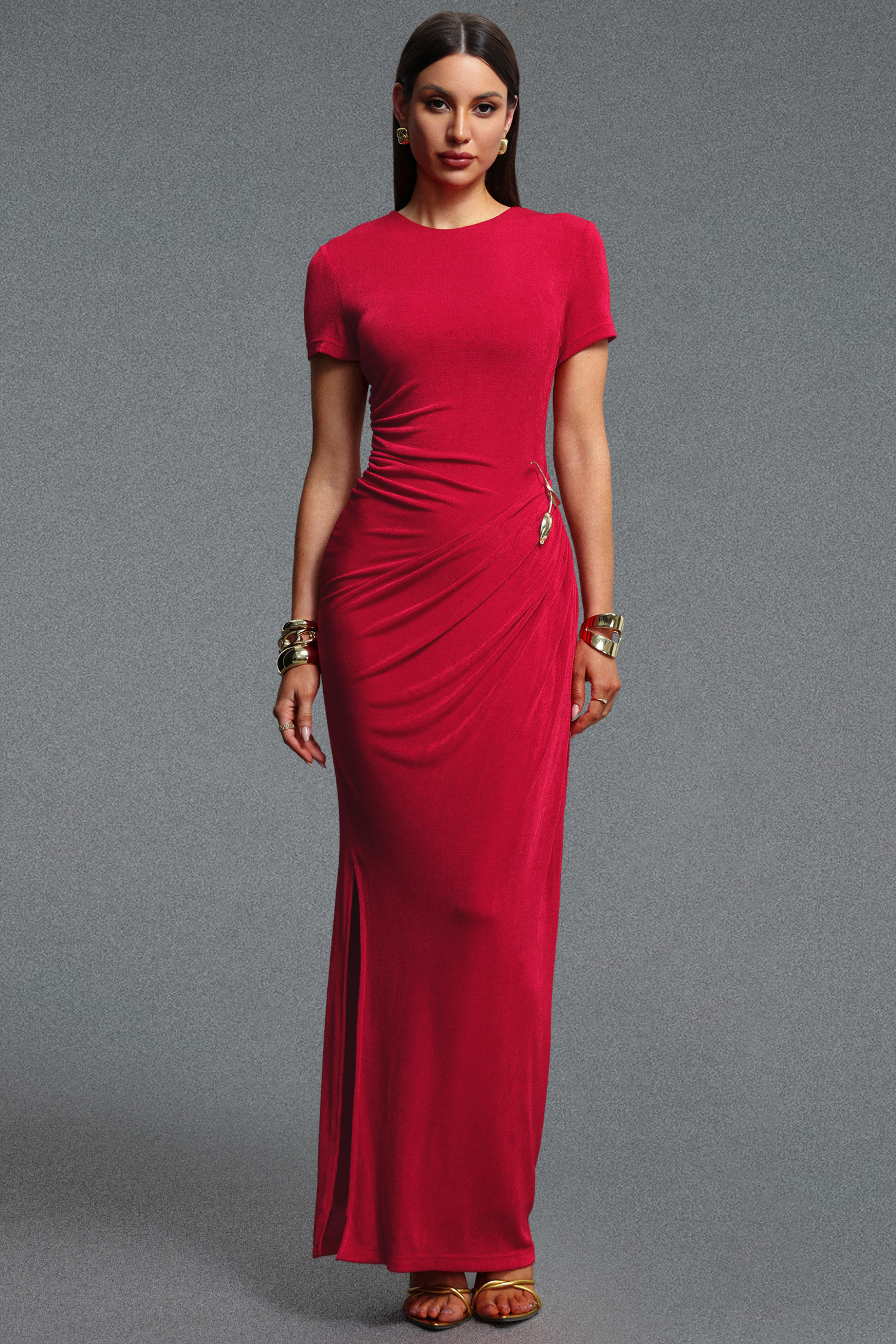 Rojo Chic Contour Short Sleeve Ruched Metal Floral Decor Knit Maxi Dress