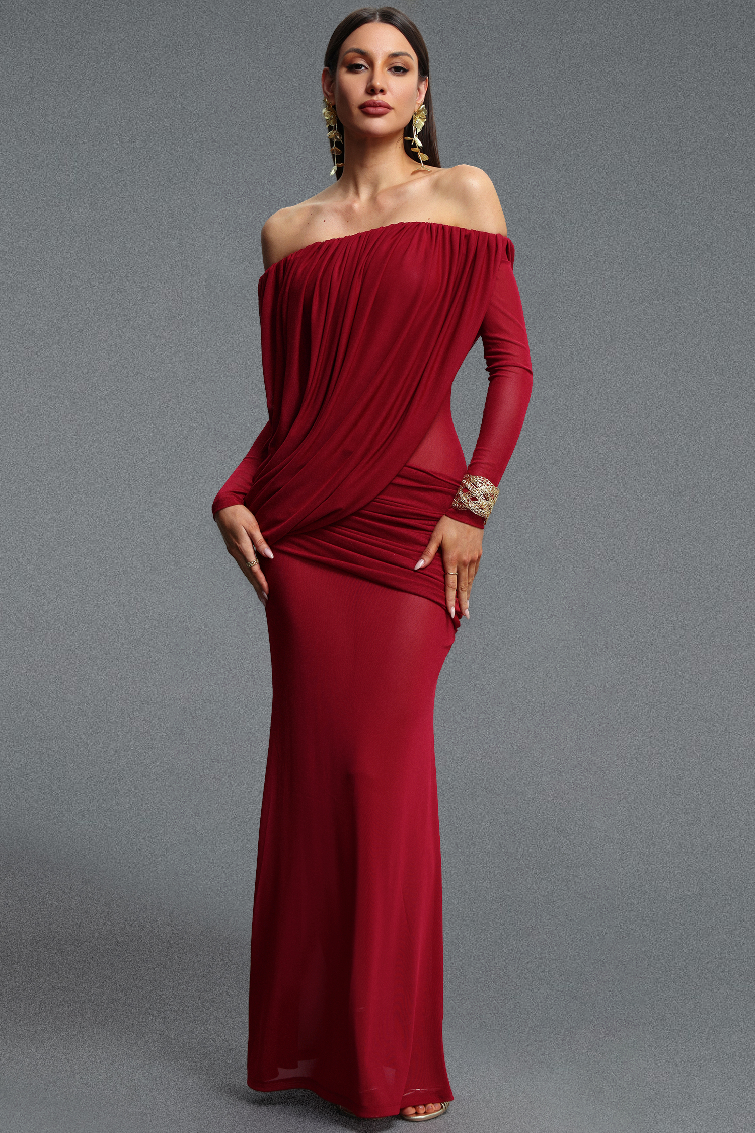 Uano Elegant Luxurious Off Shoulder Long Sleeve Ruched Knit Maxi Dress