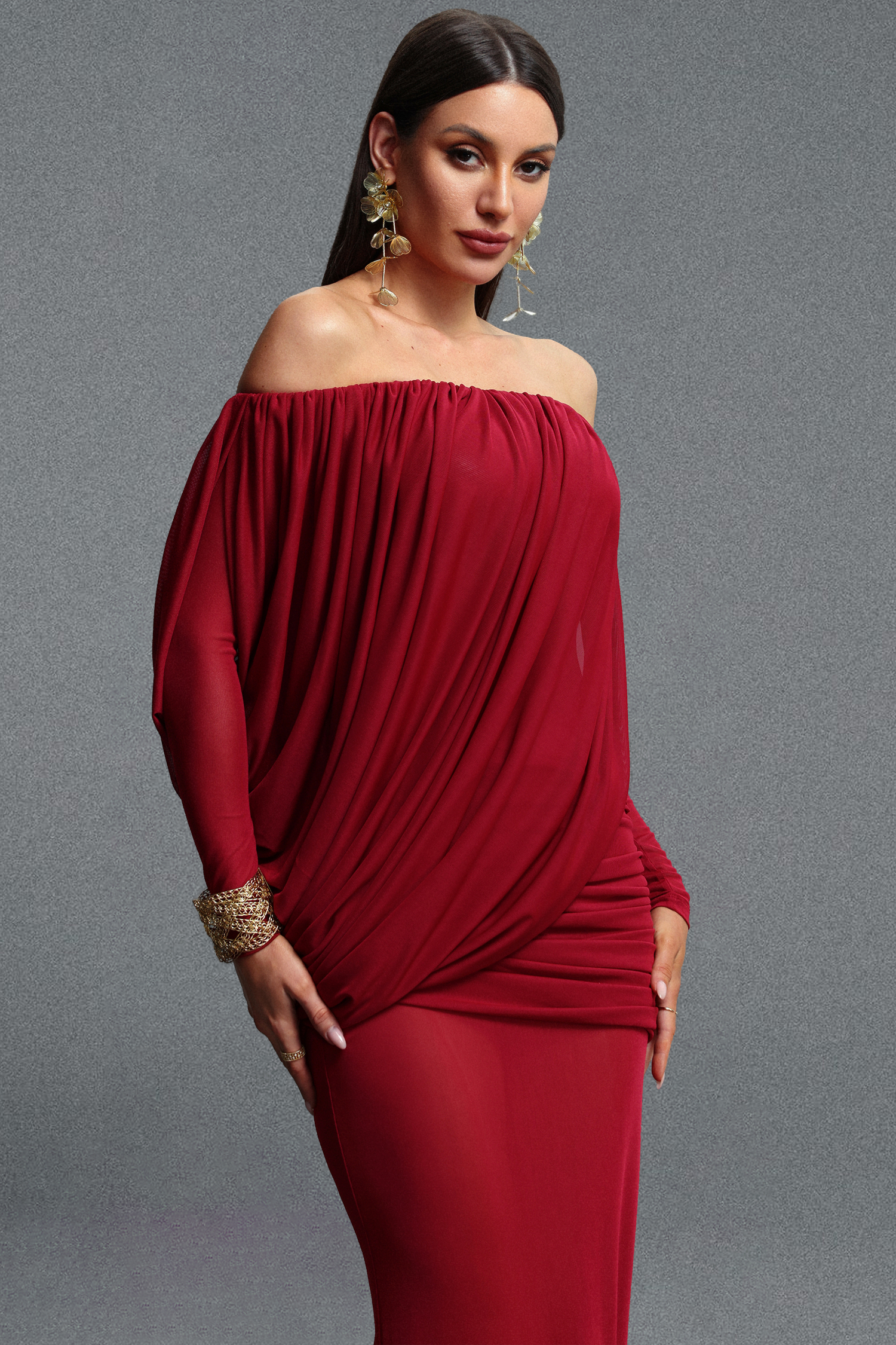 Uano Elegant Luxurious Off Shoulder Long Sleeve Ruched Knit Maxi Dress