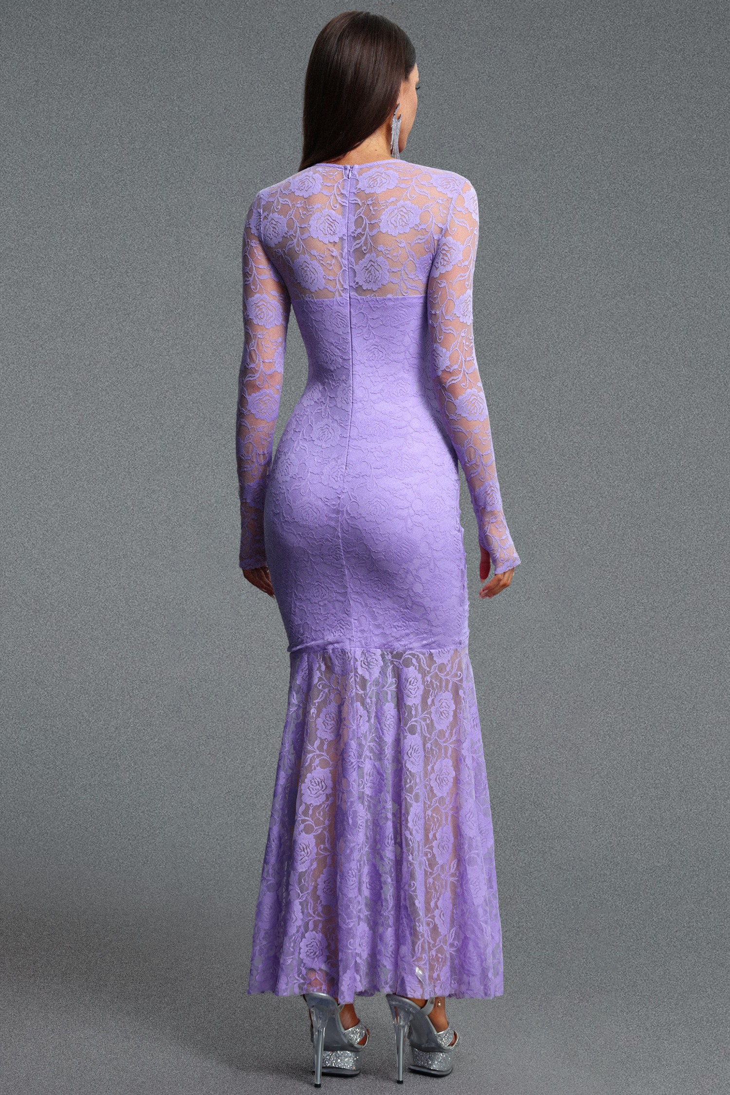 Halee Elegant Cinched Waist Long Sleeve Ruched Mermaid Lace Maxi Dress
