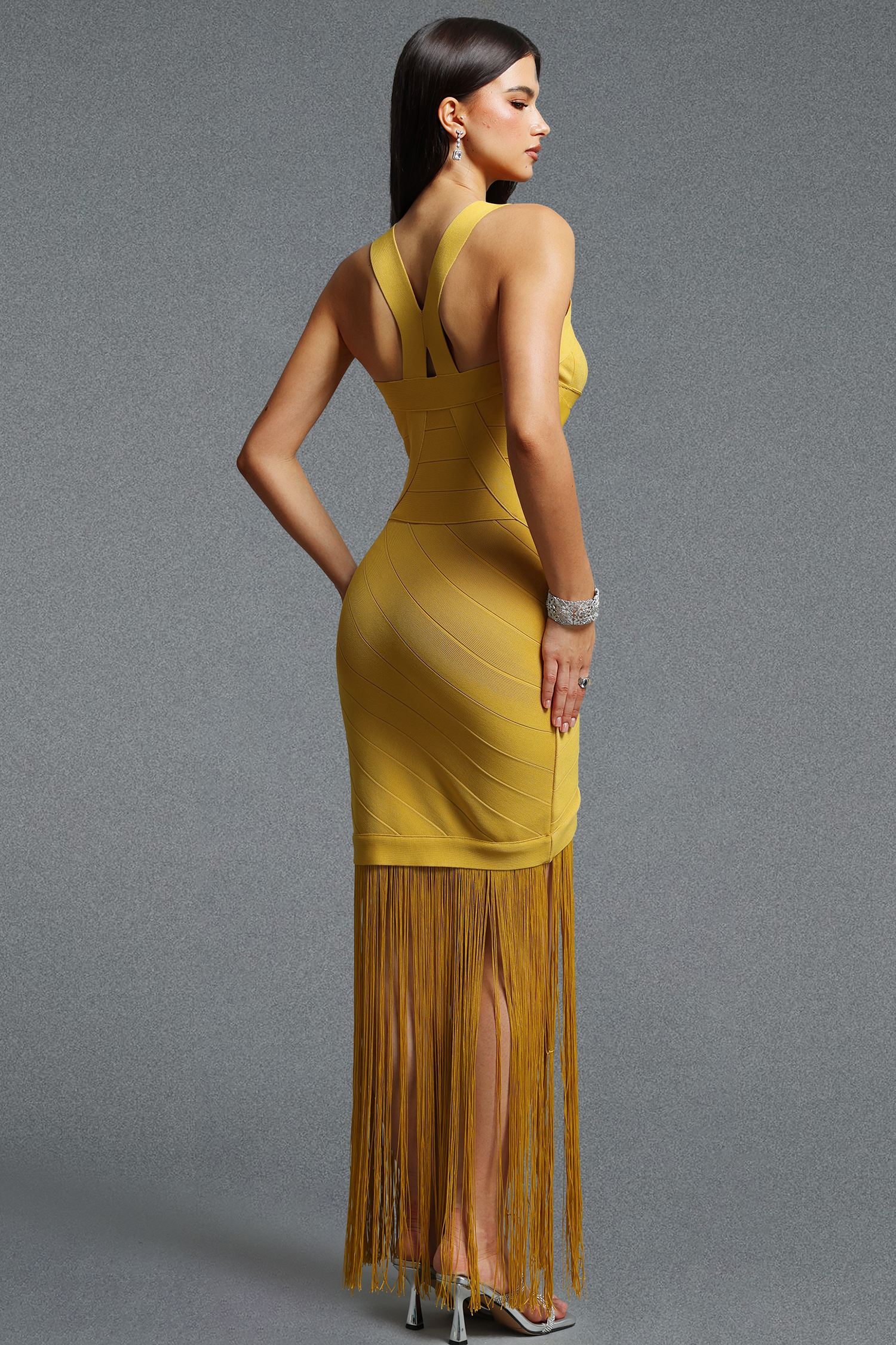 Emma Chic Contour V Neck Sleeveless Fringe Yellow Bandage Maxi Dress