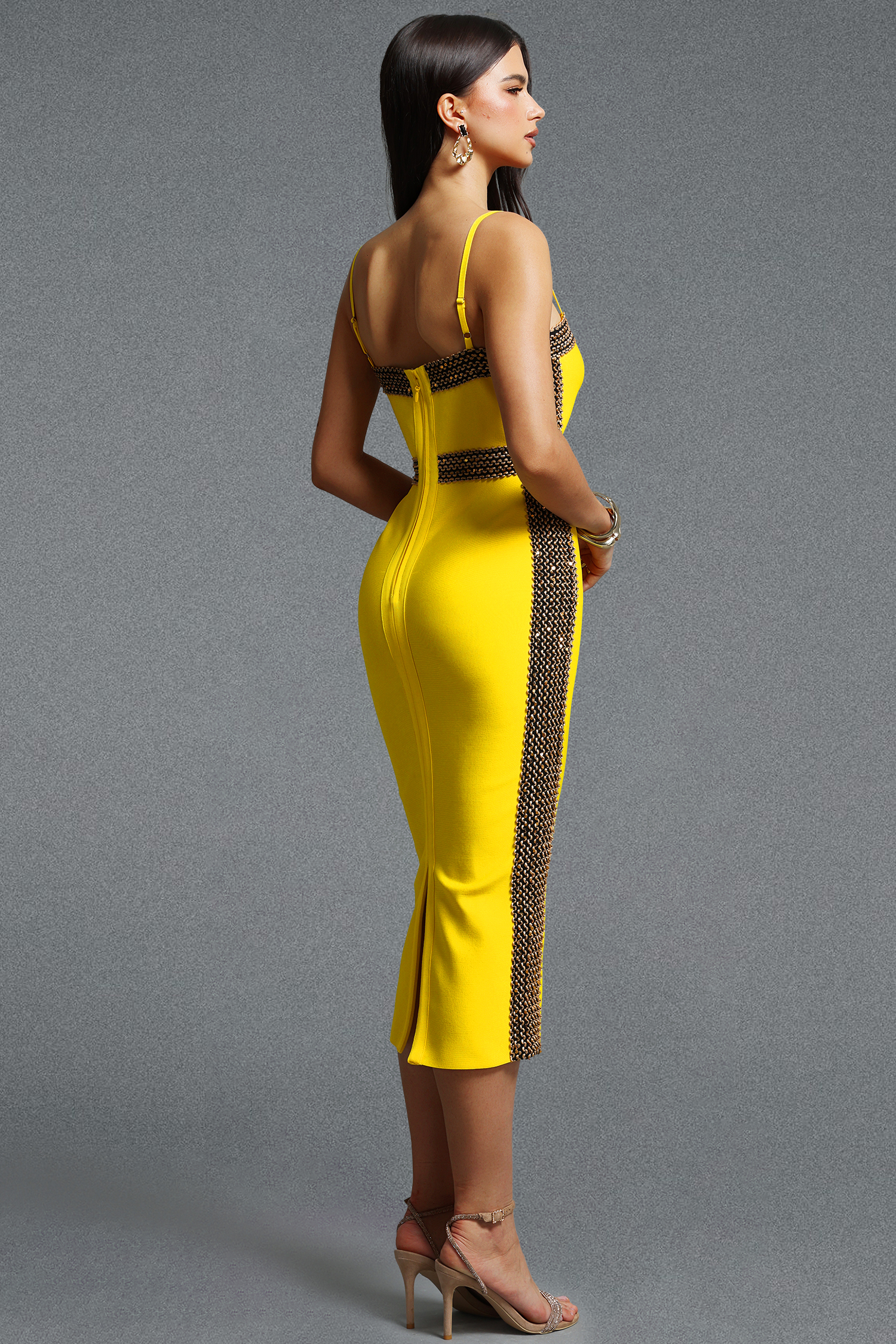 Lestie Minimalist Contour Straight Neck Gold Woven Bandage Yellow Midi Dress