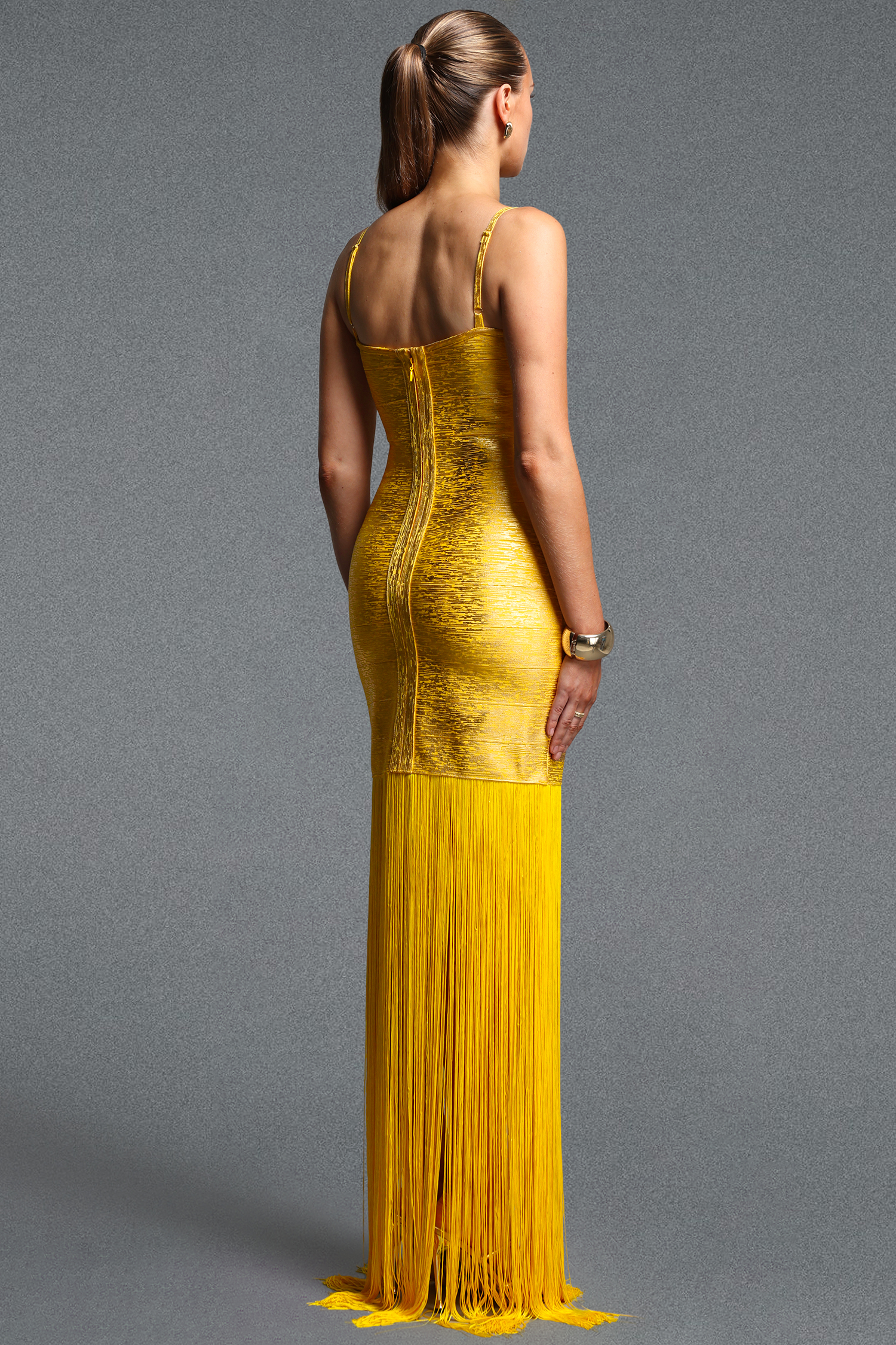 Labola Chic Contour Fringe Gold Bandage Maxi Dress