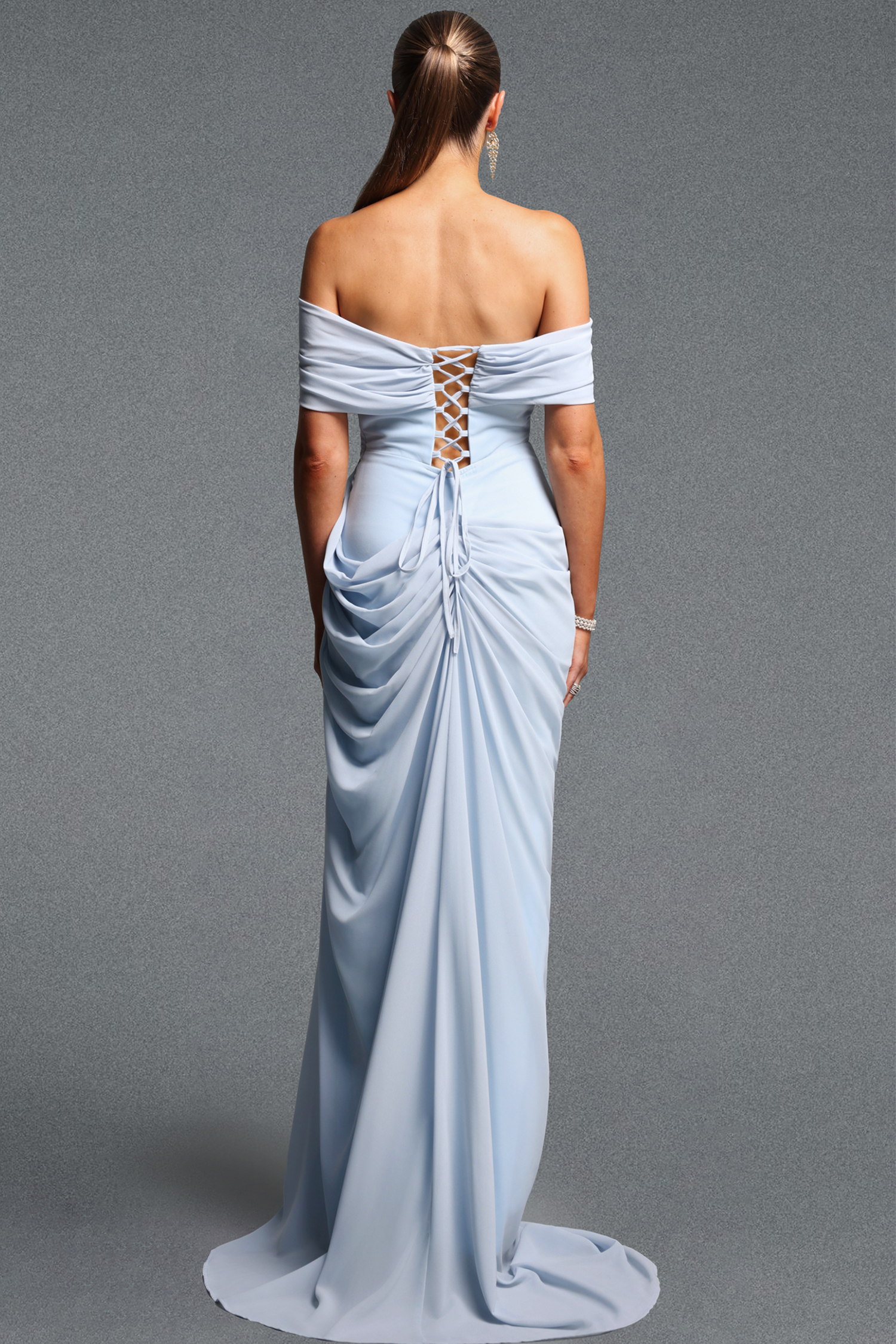 Tazeda Elegant Contour Off Shoulder Ruched Slit Mesh Maxi Dress