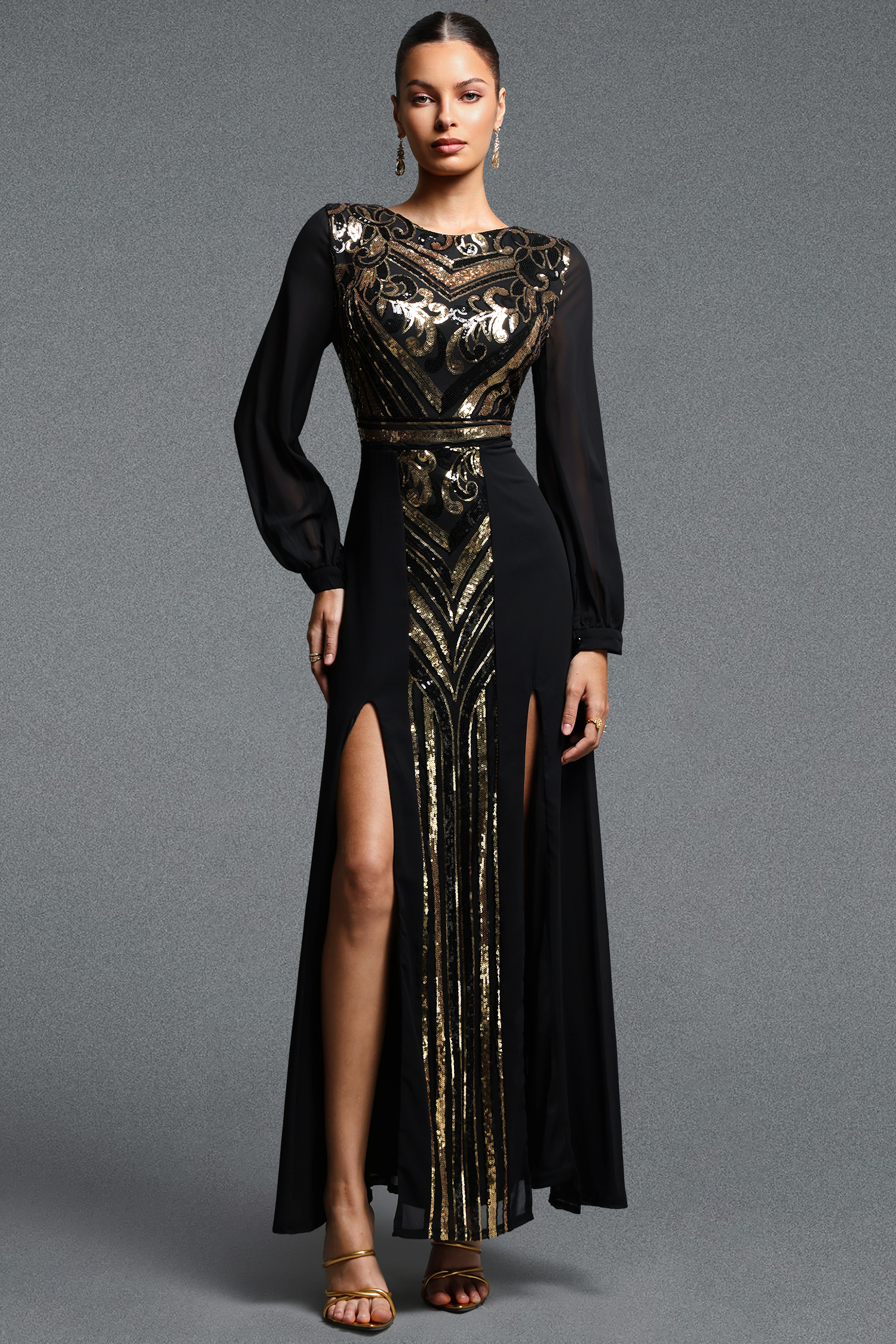 Livana Gorgeous Contour Crew Neck Lantern Sleeve Sequin Maxi Dress