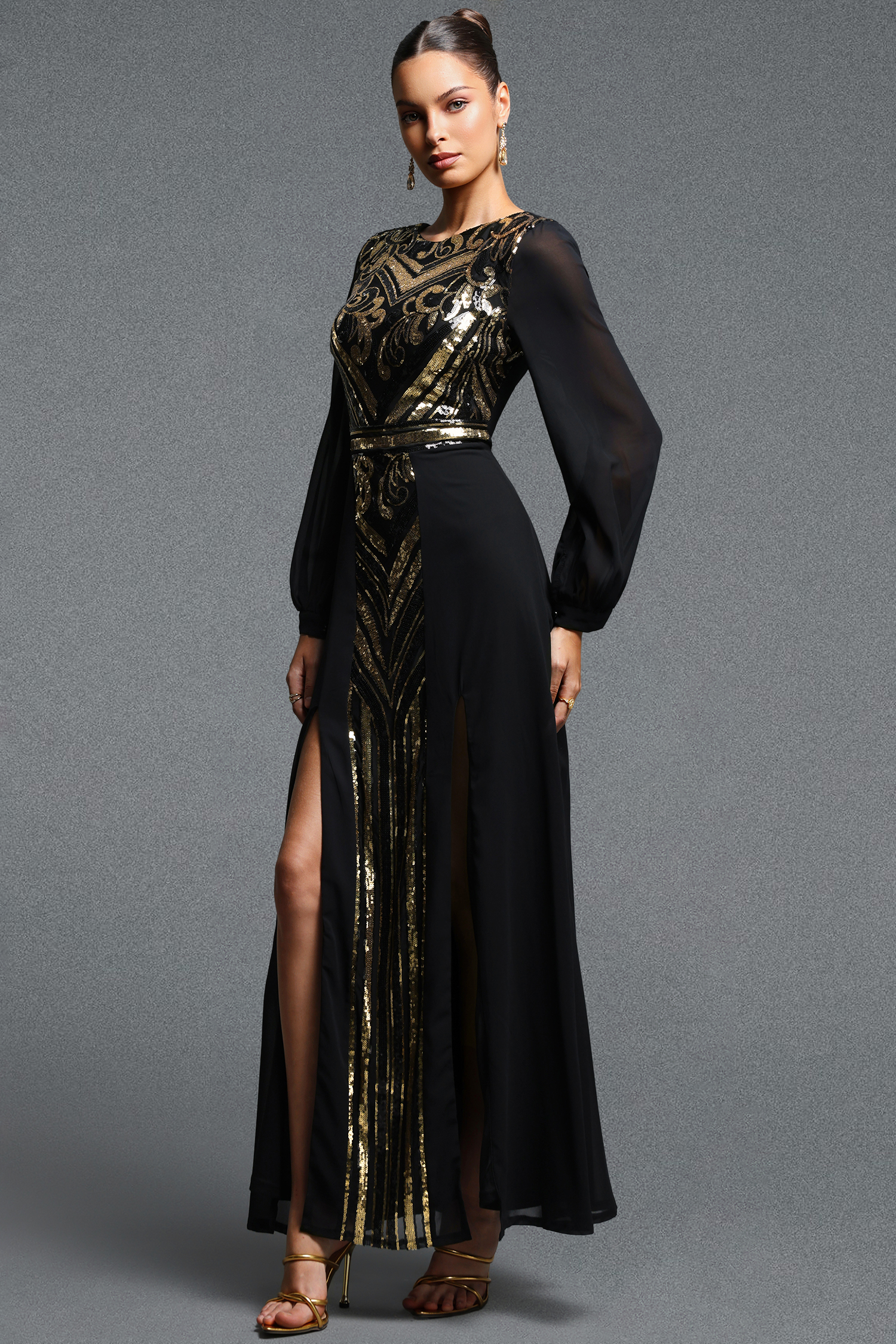 Livana Gorgeous Contour Crew Neck Lantern Sleeve Sequin Maxi Dress