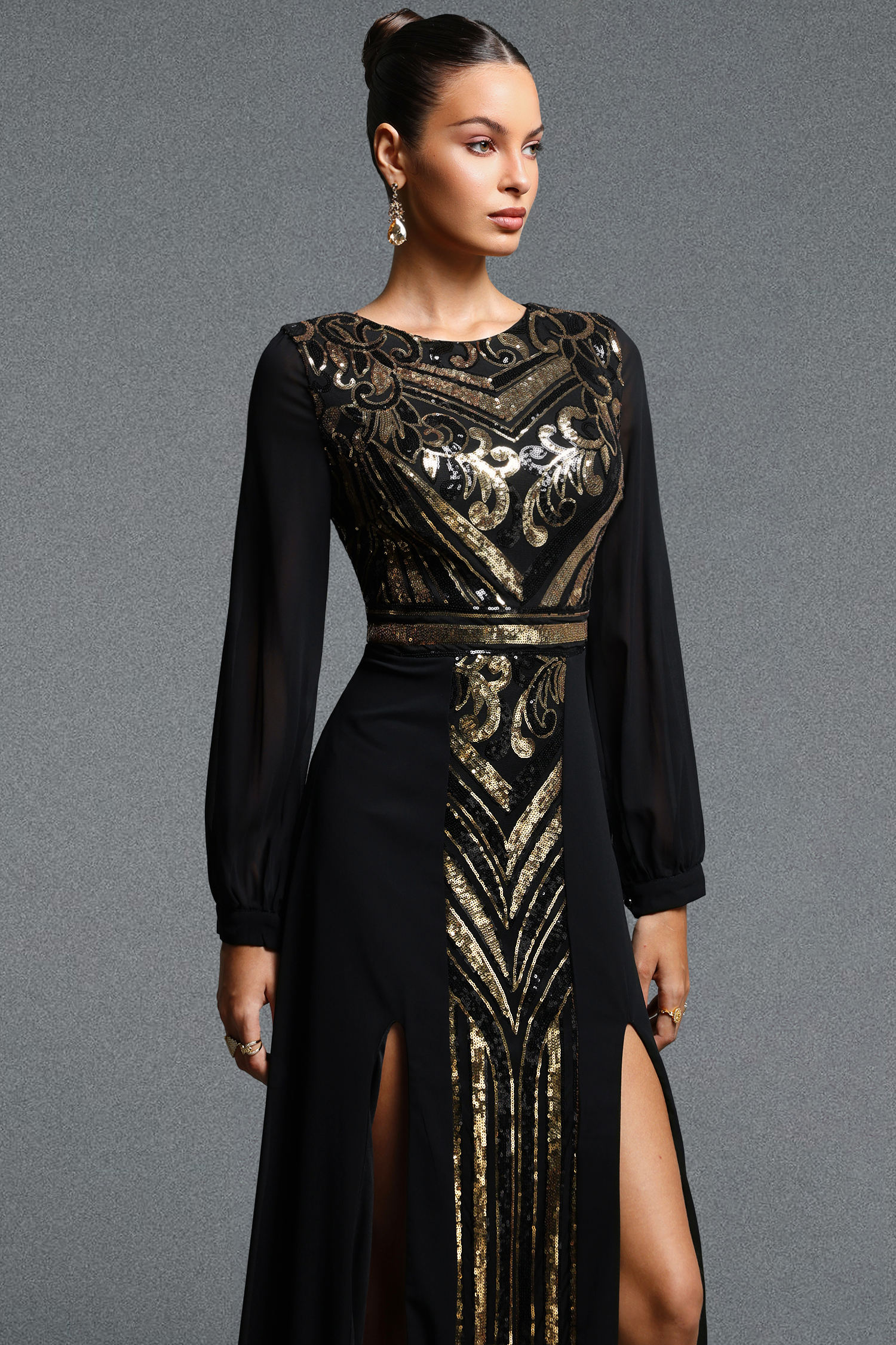 Livana Gorgeous Contour Crew Neck Lantern Sleeve Sequin Maxi Dress