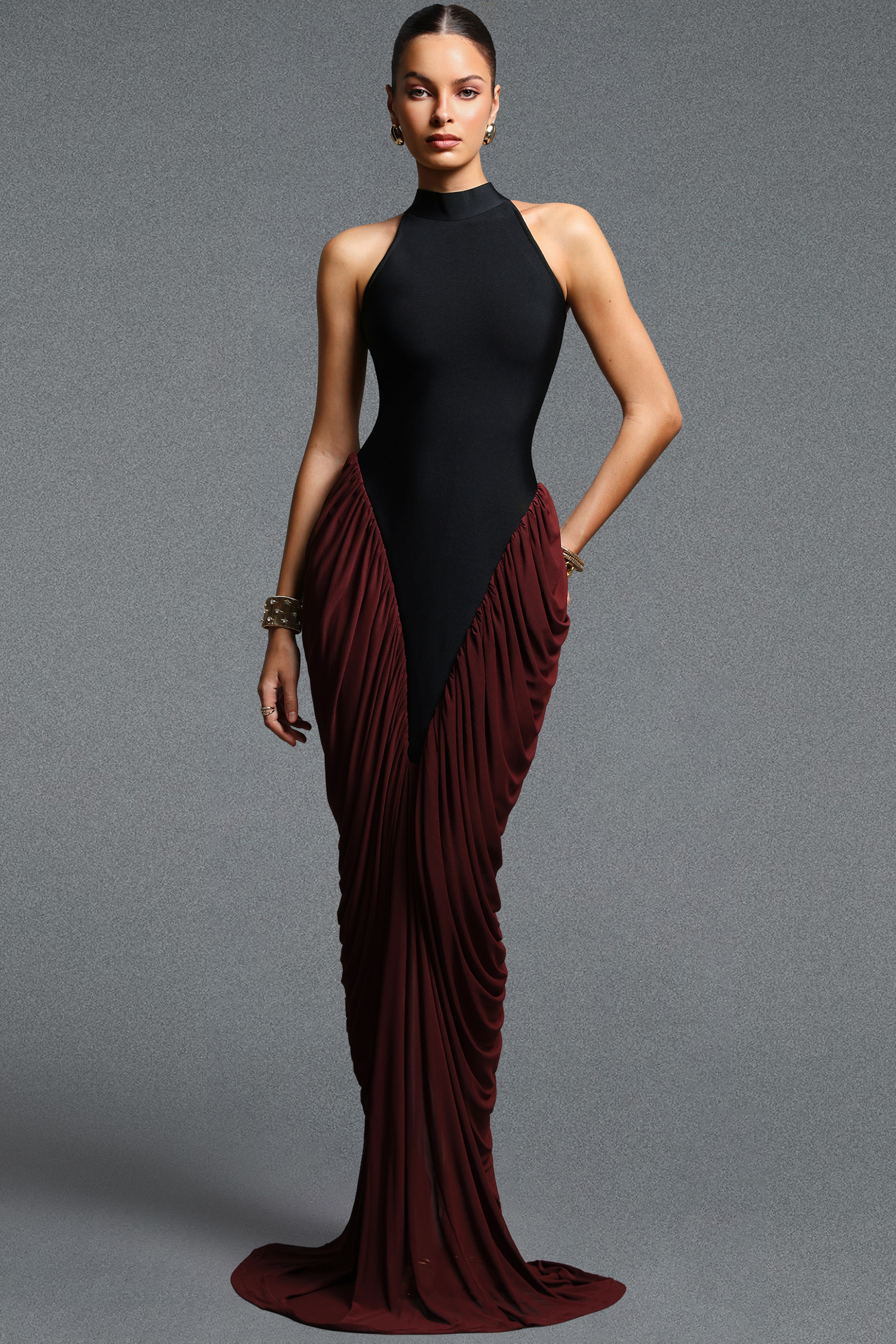 Eugenia Elegant Flowy Halter Neck Ruched Contrast Bandage Maxi Dress