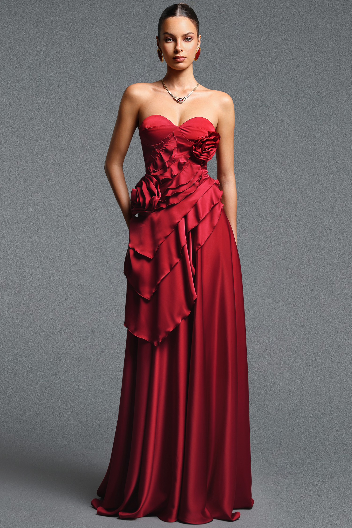 Saraja Classic Flowy Strapless Floral Ruched Maxi Dress