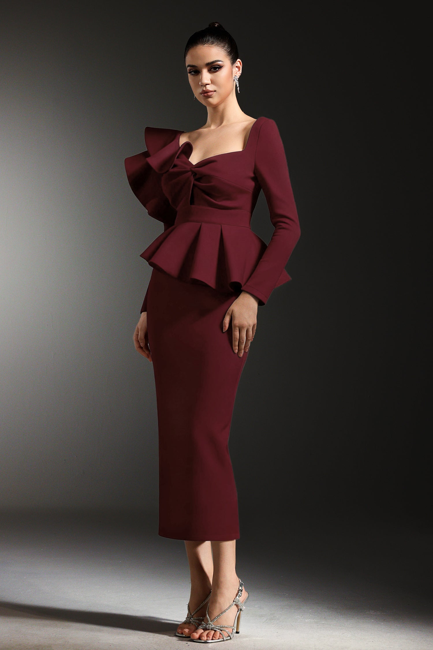 Faray Ruffled Long Sleeves Red Maxi Dress