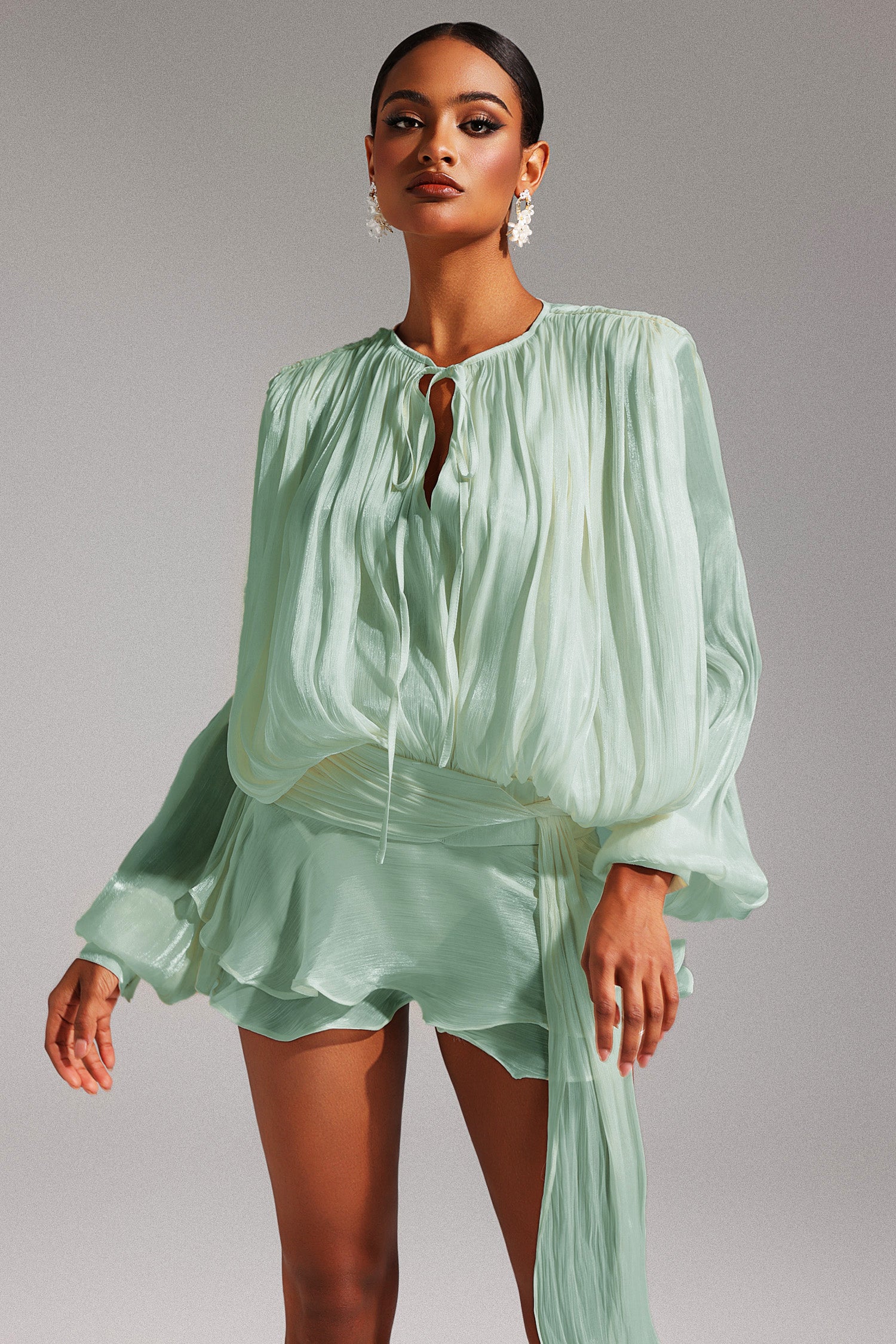 Dekia Long Sleeves Hollow Out Flounce Mini Dress