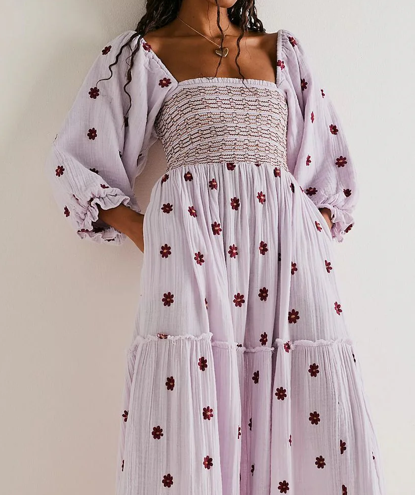 Floral Puff Sleeves Square Collar Midi Dress
