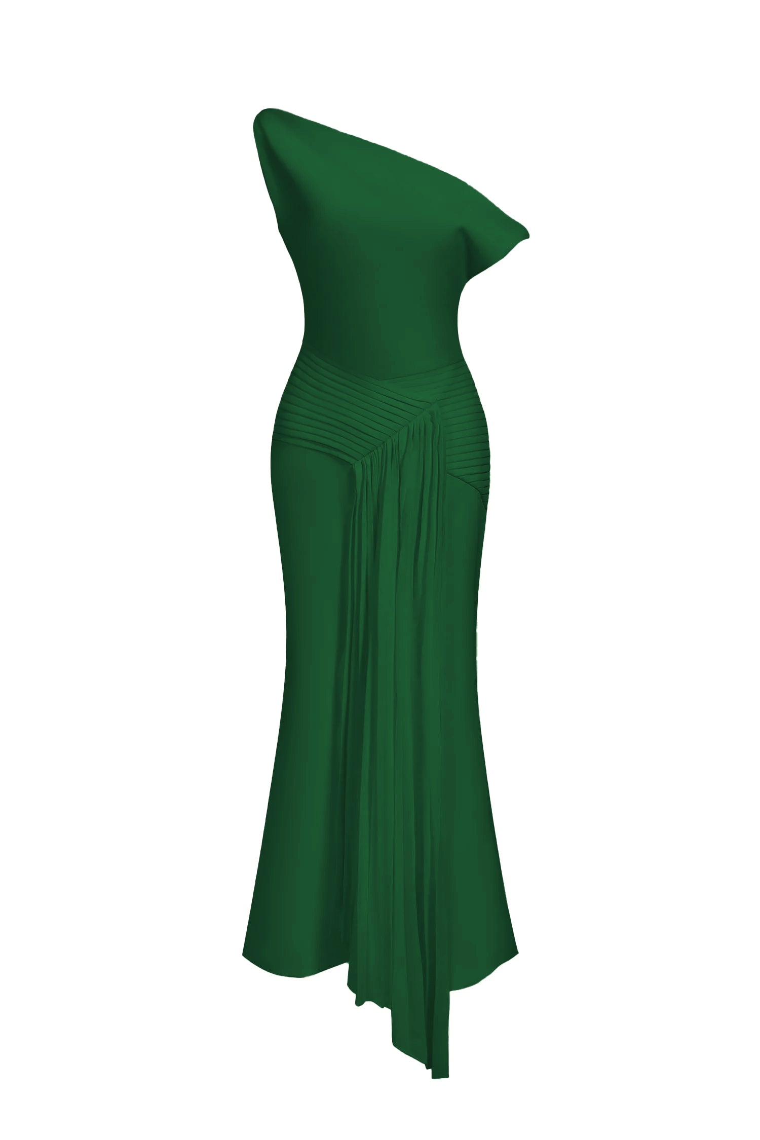 Paulina Oblique Shoulder Sleeveless Folds Green Midi Dress