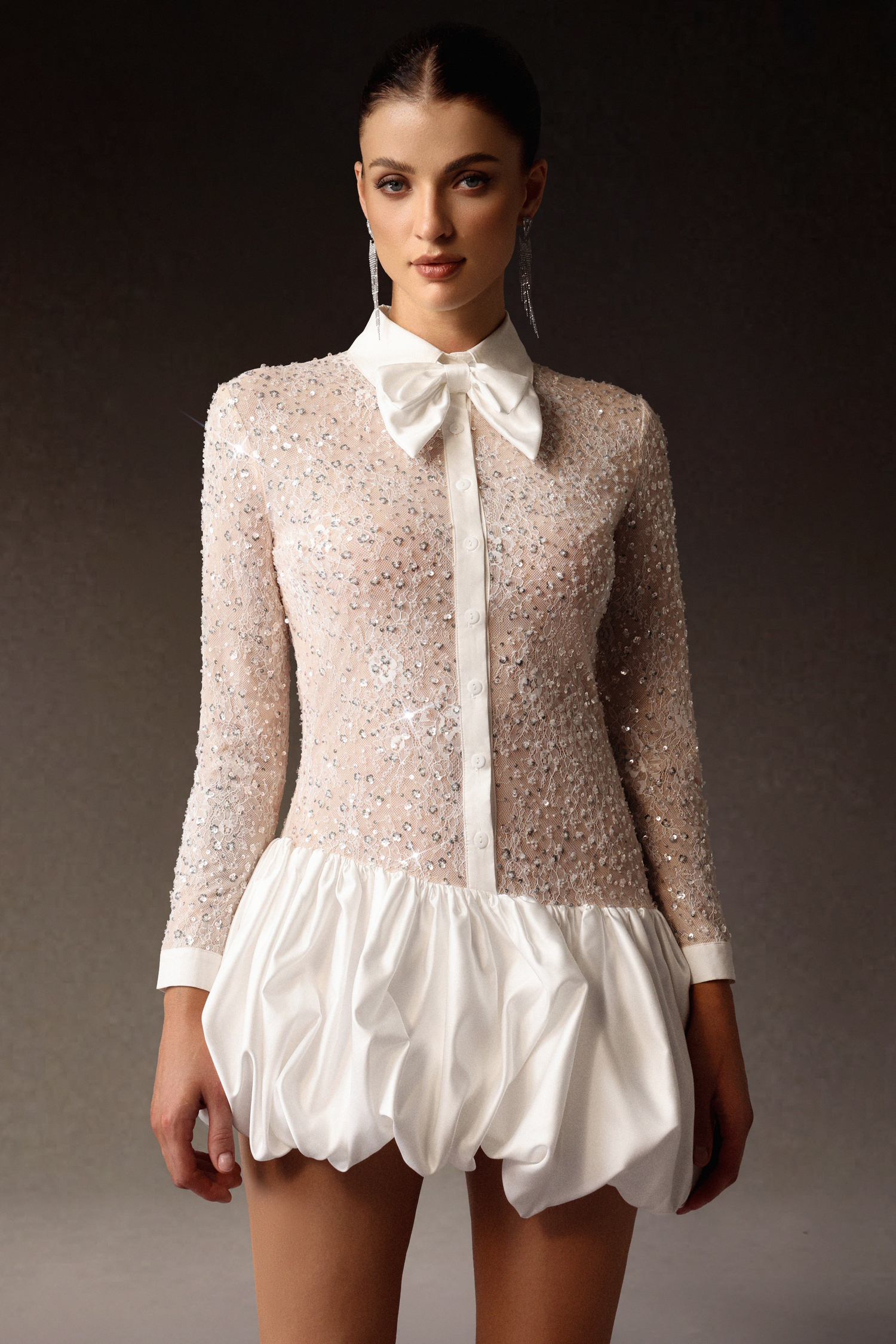 Theodora Long Sleeveless Embroidery Lace Sequin Puff Mini Dress