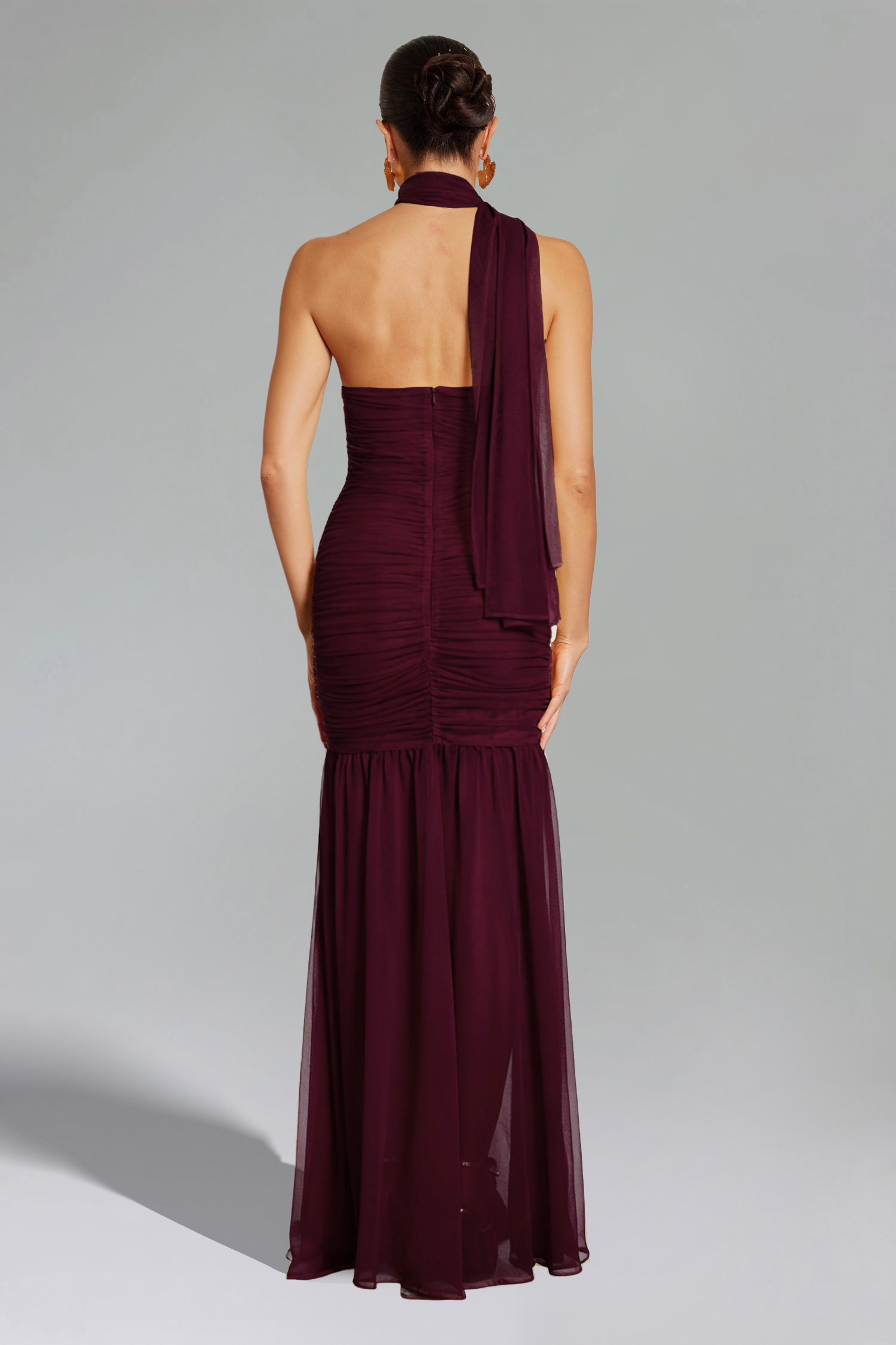 Ulasa Sleeveless Ruched Mesh Red Maxi Dress