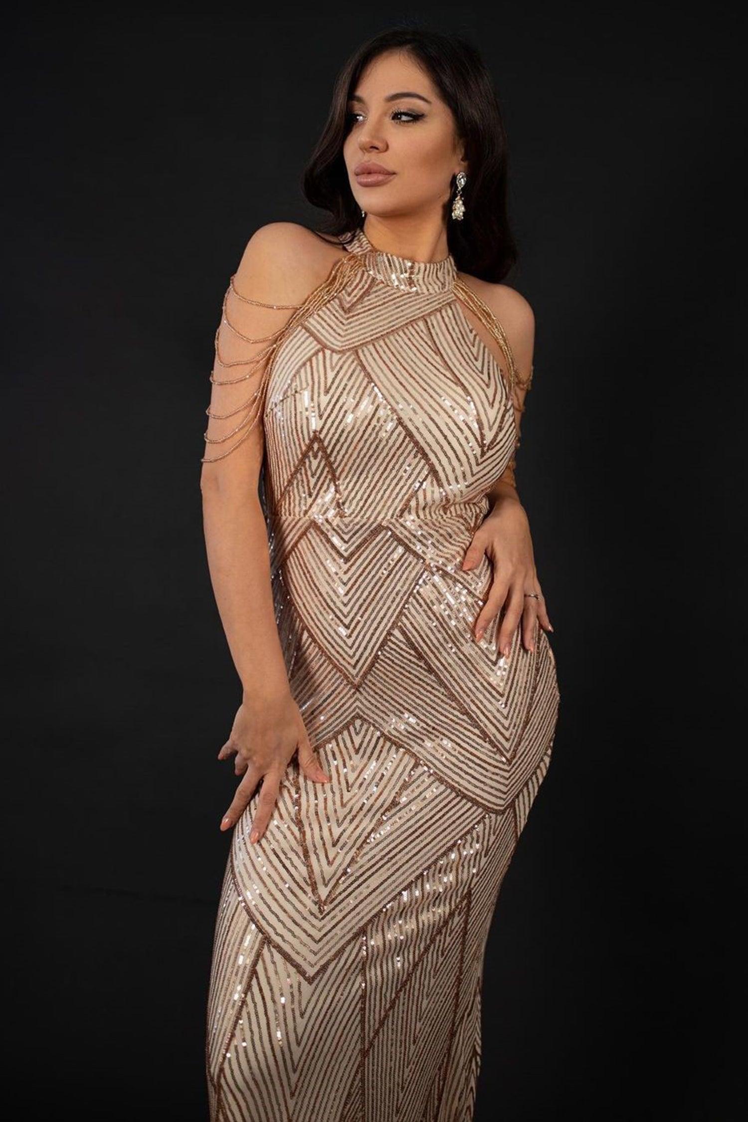 Sequin Halterneck Maxi Mermaid Prom Dress - Champagne