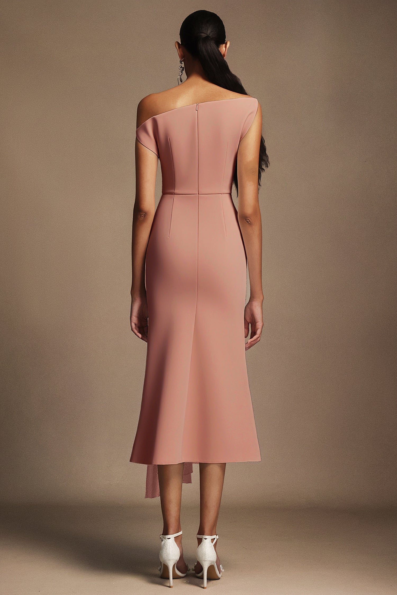 Paulina Oblique Shoulder Sleeveless Folds Pink Midi Dress