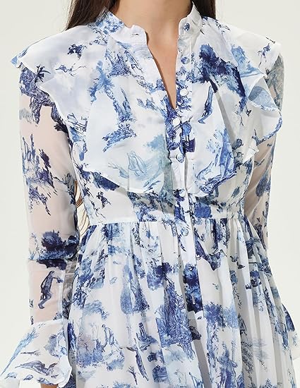 Floral Flared Sleeves V-neck Ruffle Tapered Waist Maxi Dress