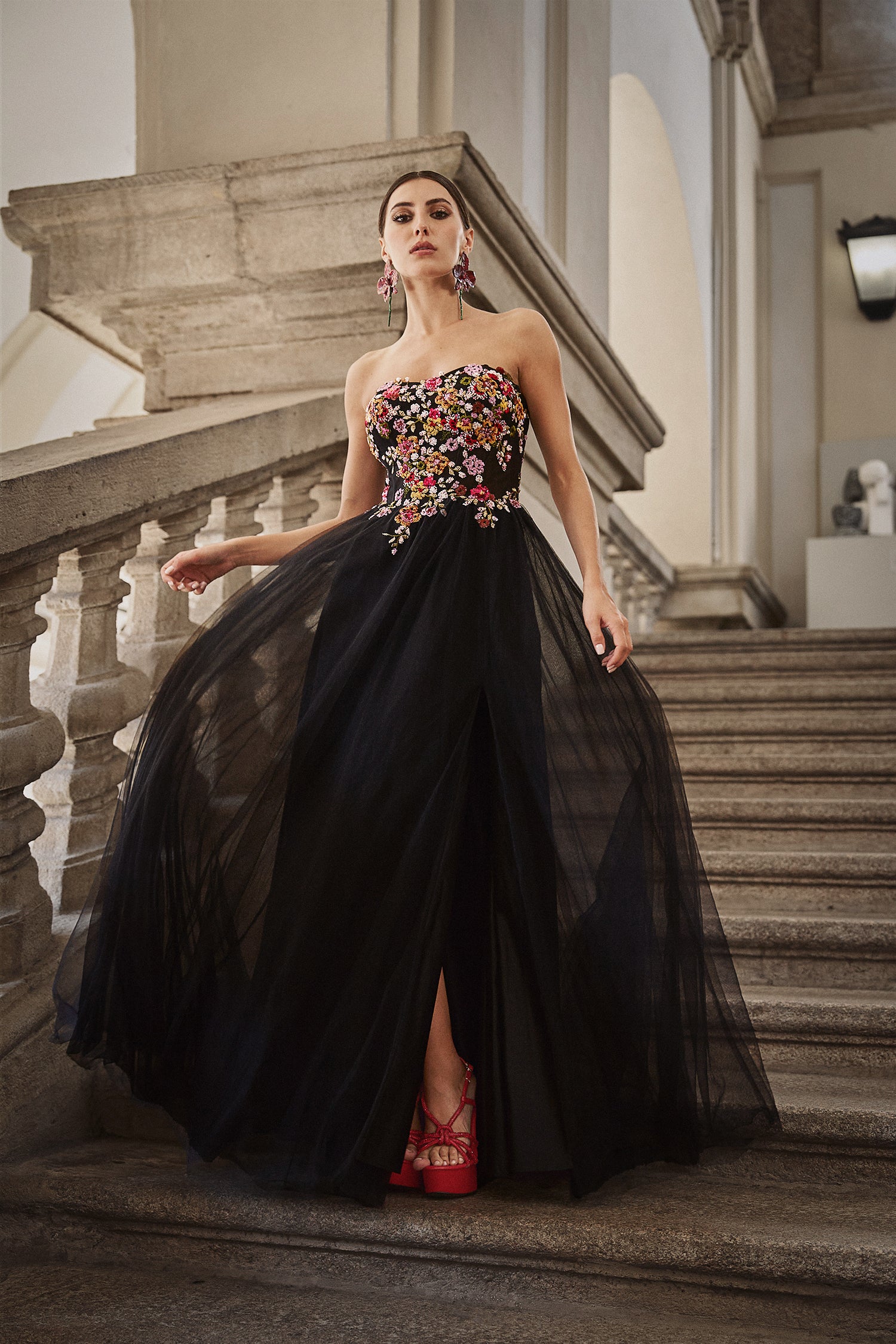 Timesha Strapless Floral Embroidered High Slit Maxi Dress