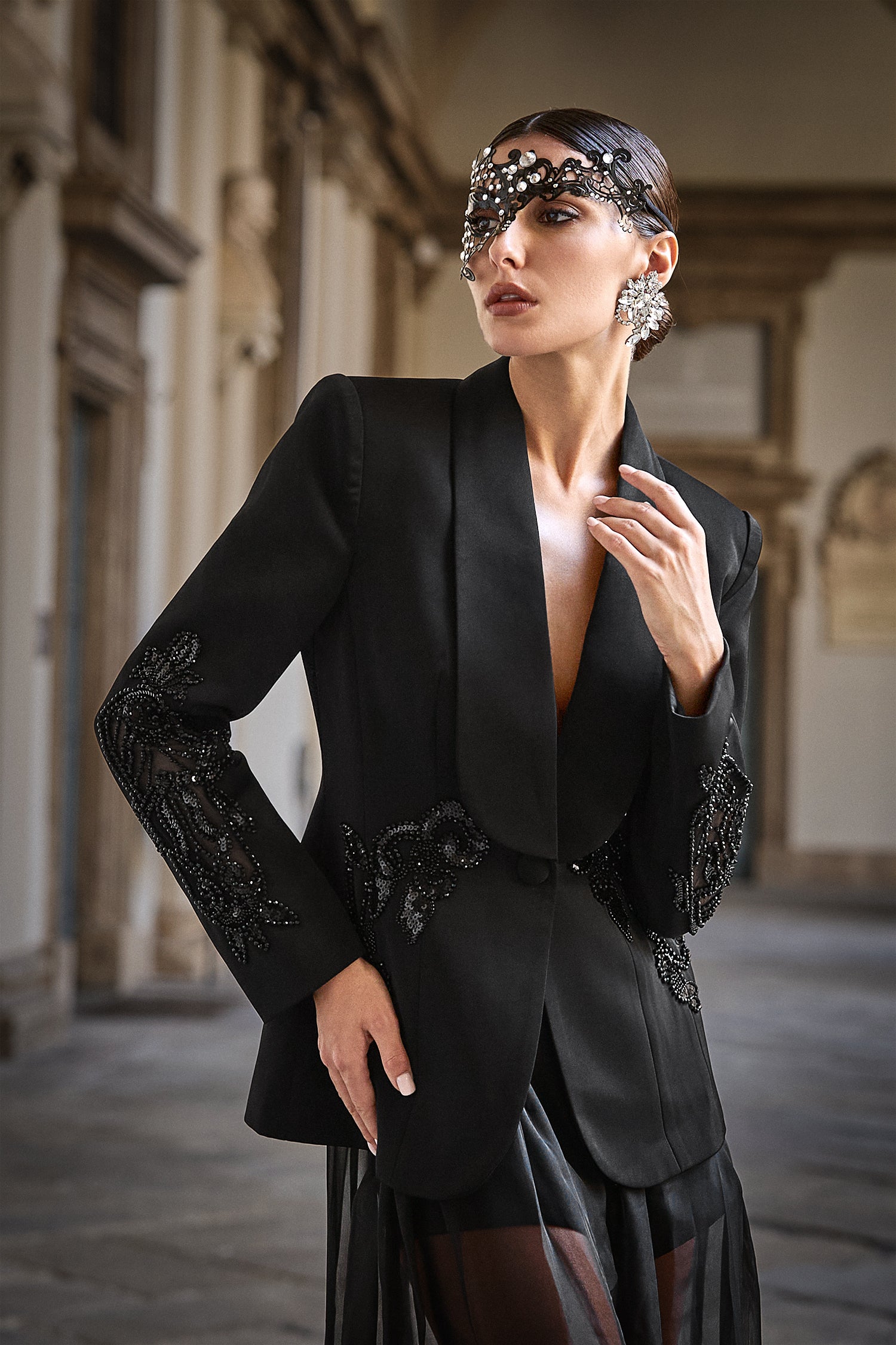 Demri Long Sleeves V-Neck Hollow Out Sequins Maxi Two Piece Set