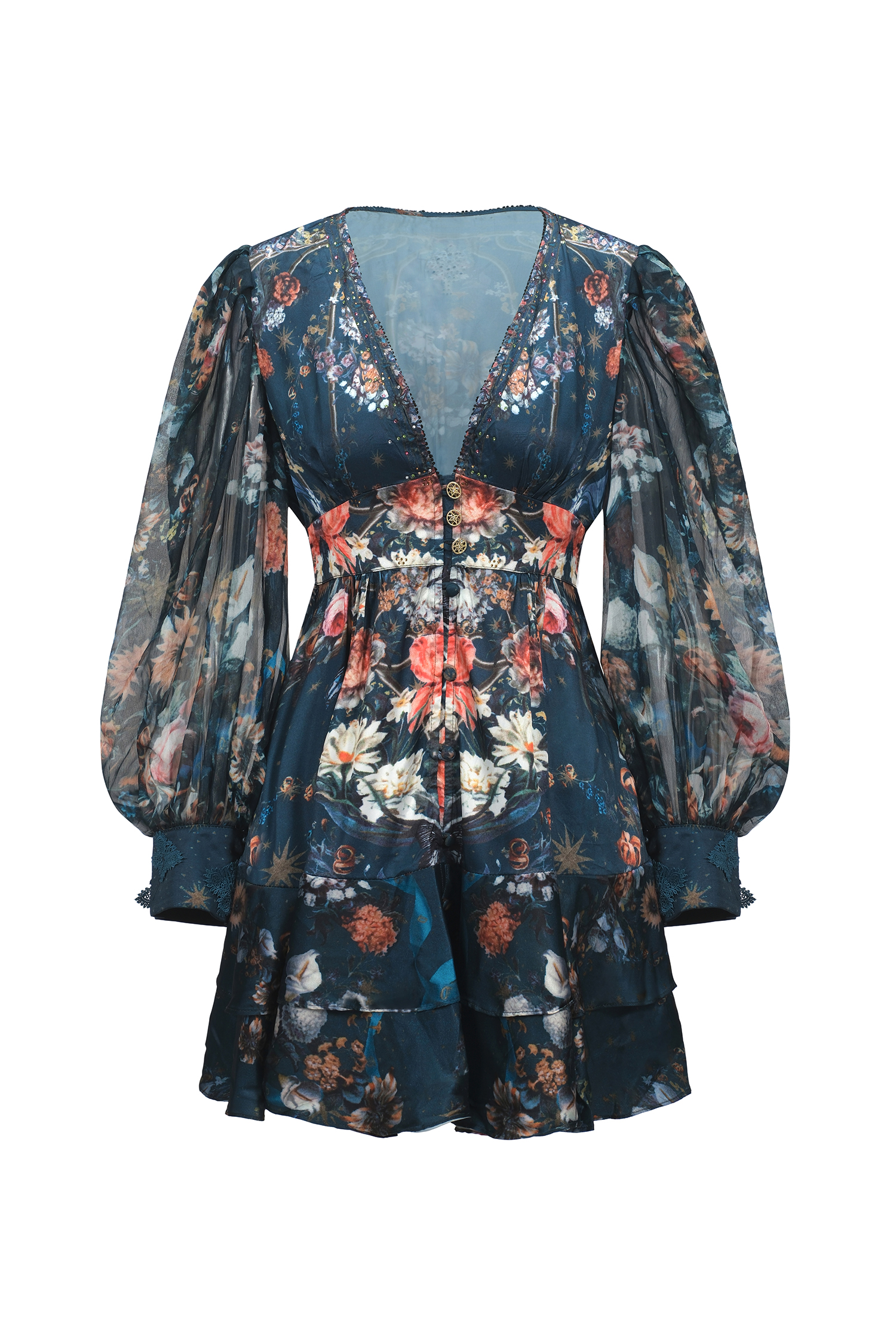 Lina V-Neck Floral Printed Long Sleeves Mini Dress