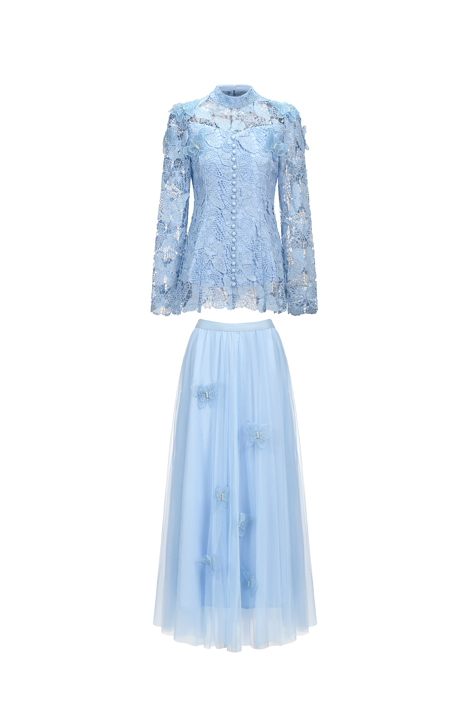 Sabina Long Sleeve Folds Lace Butterfly Top And Skirt Two-Piece Set