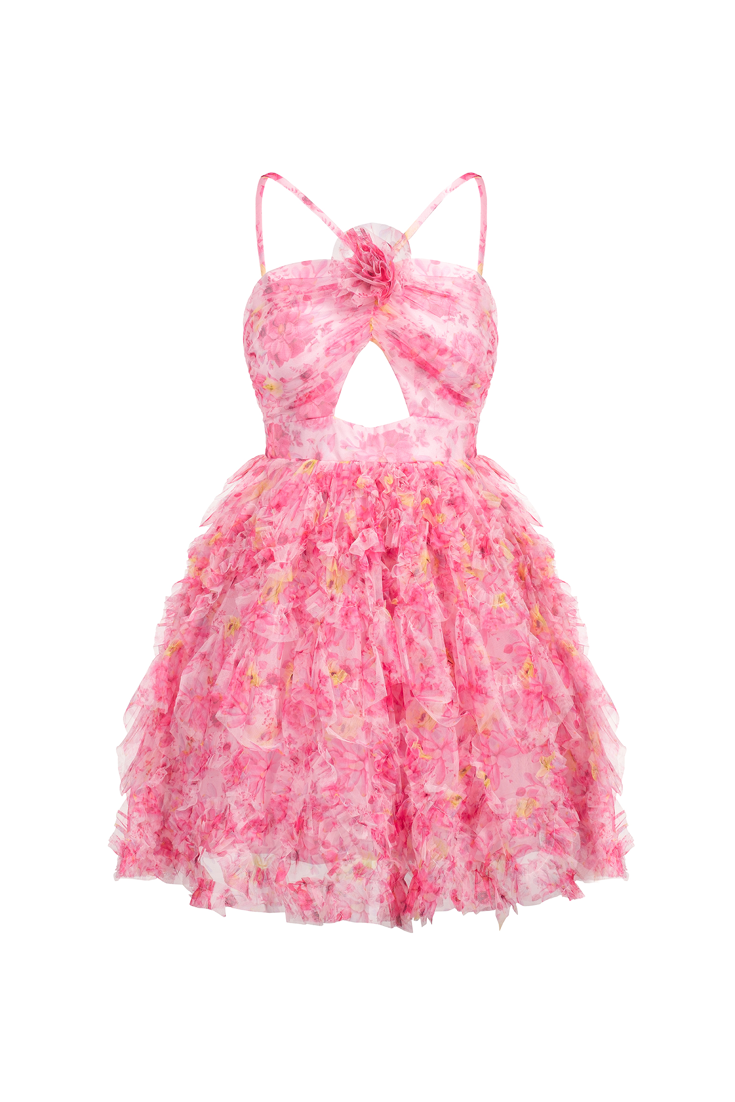 Daware Sleeveless Flower Printed Hollow Out Folds Mini Dress