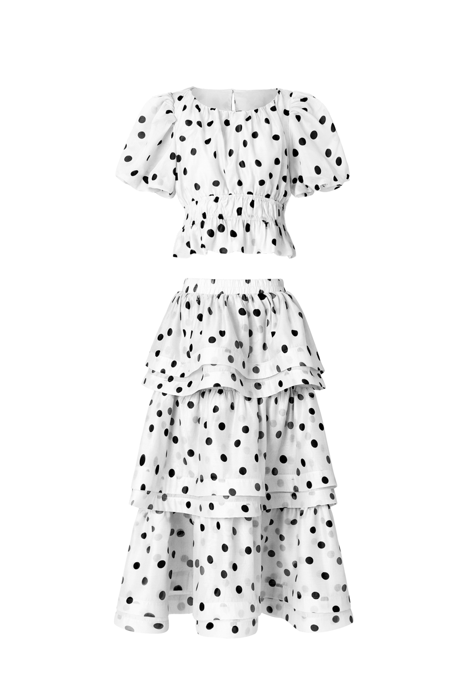 Nasim Puff Sleeves Dot Printed Top And Skirt Two-Piece Set