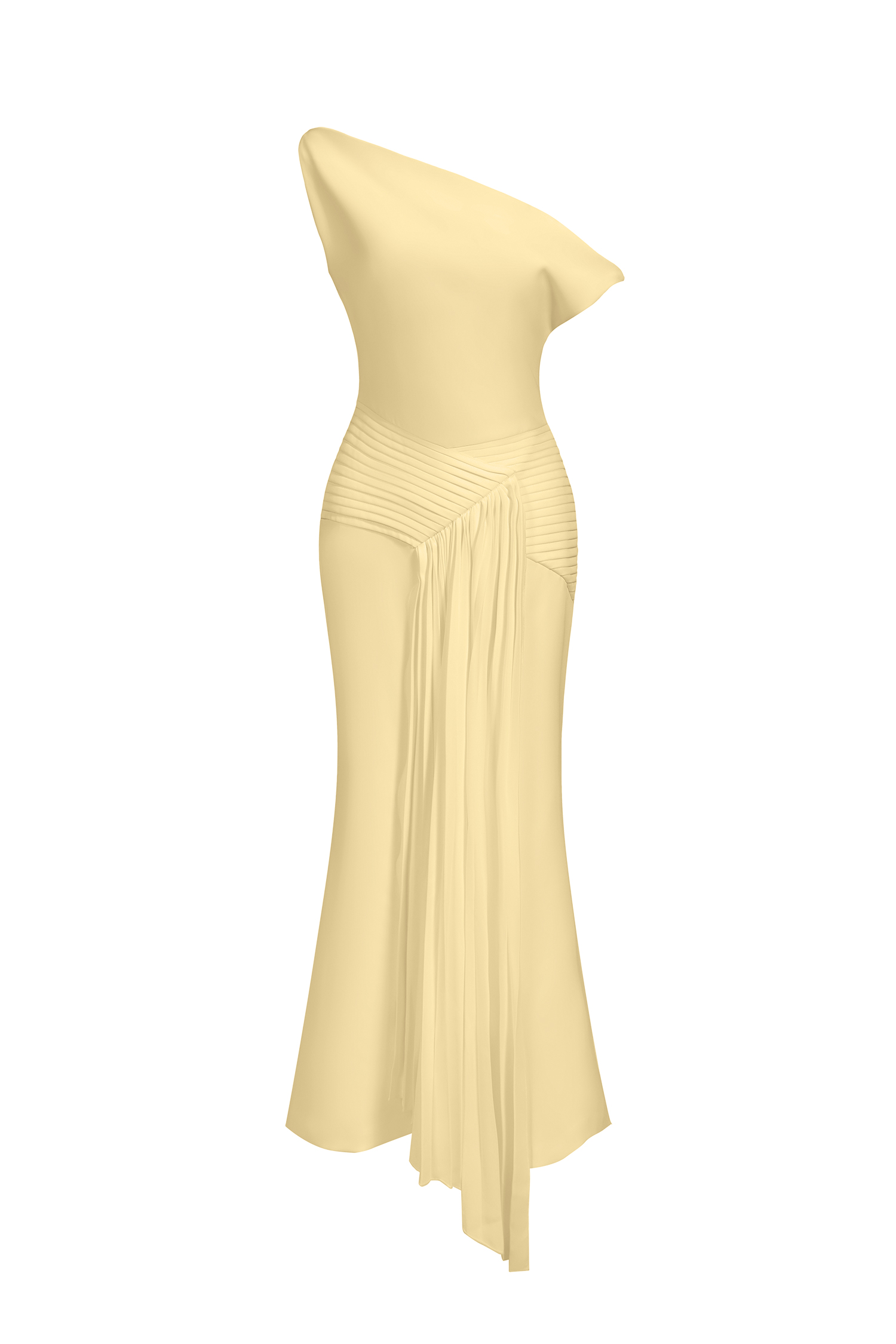 Paulina Oblique Shoulder Sleeveless Folds Yellow Midi Dress