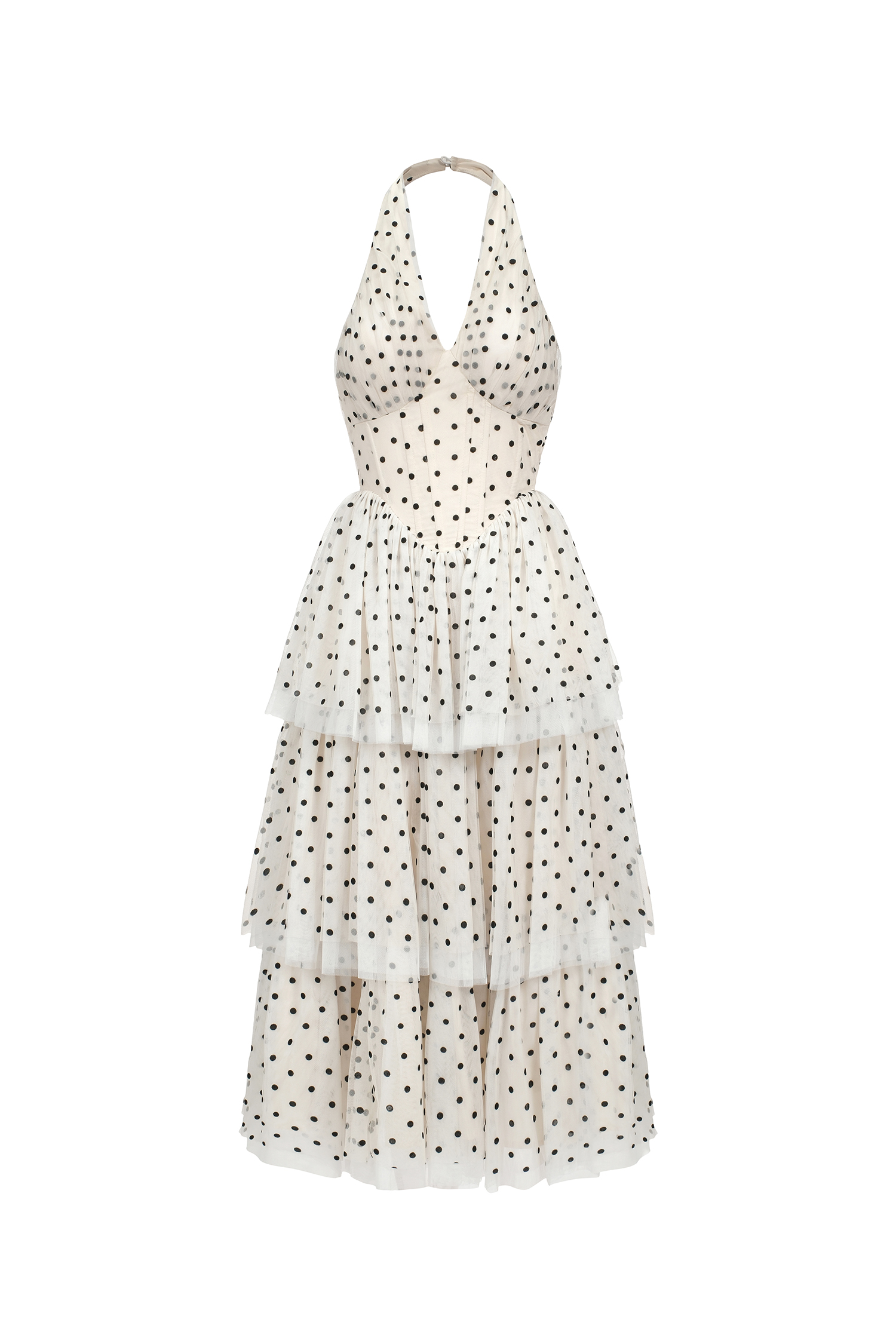 Julieta Sleeveless Dot Printed Layered Folds Midi Dress