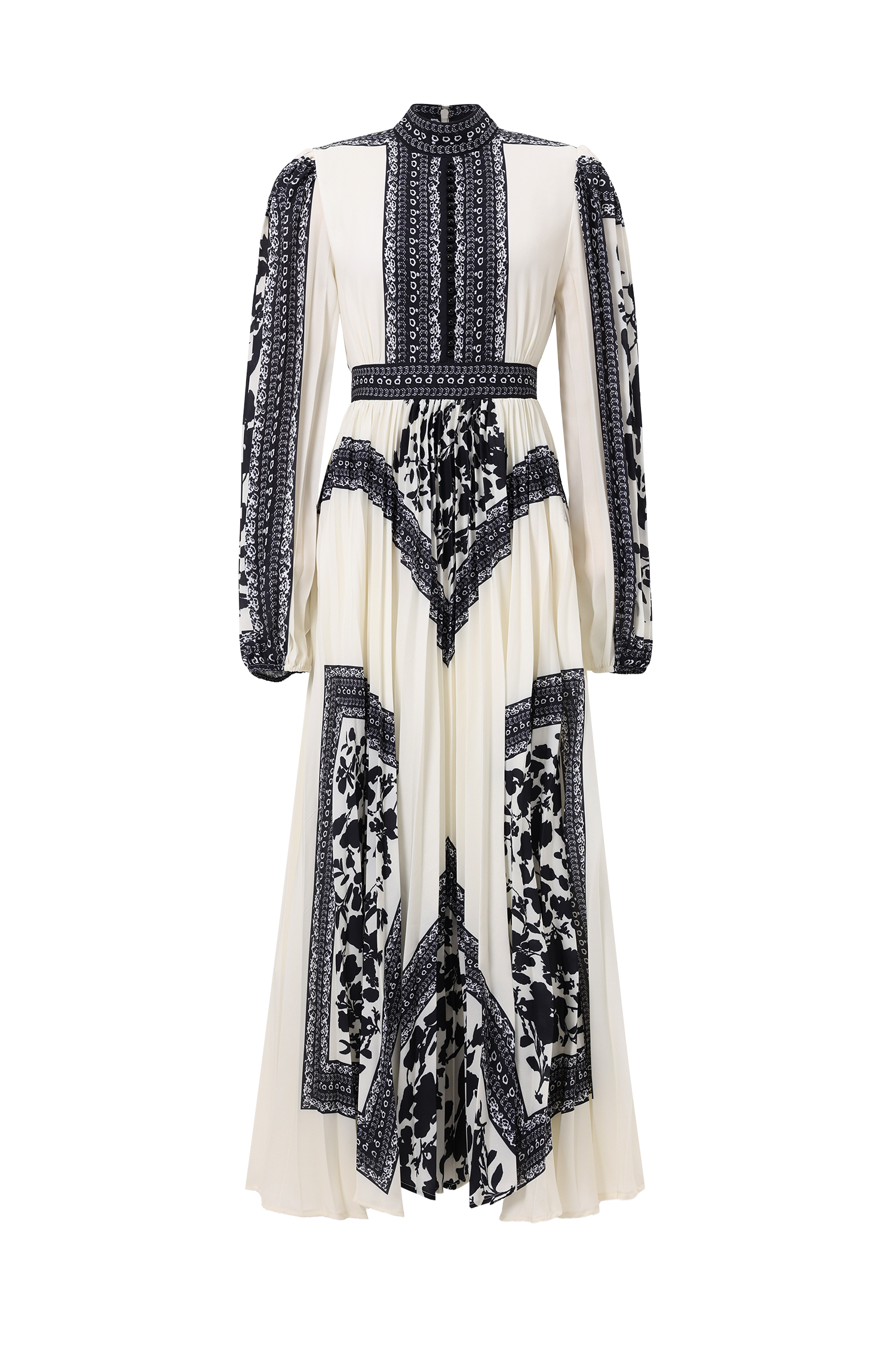 Sahara Resort Flowy Pleated Long Sleeve Printed Chiffon Black Maxi Dress