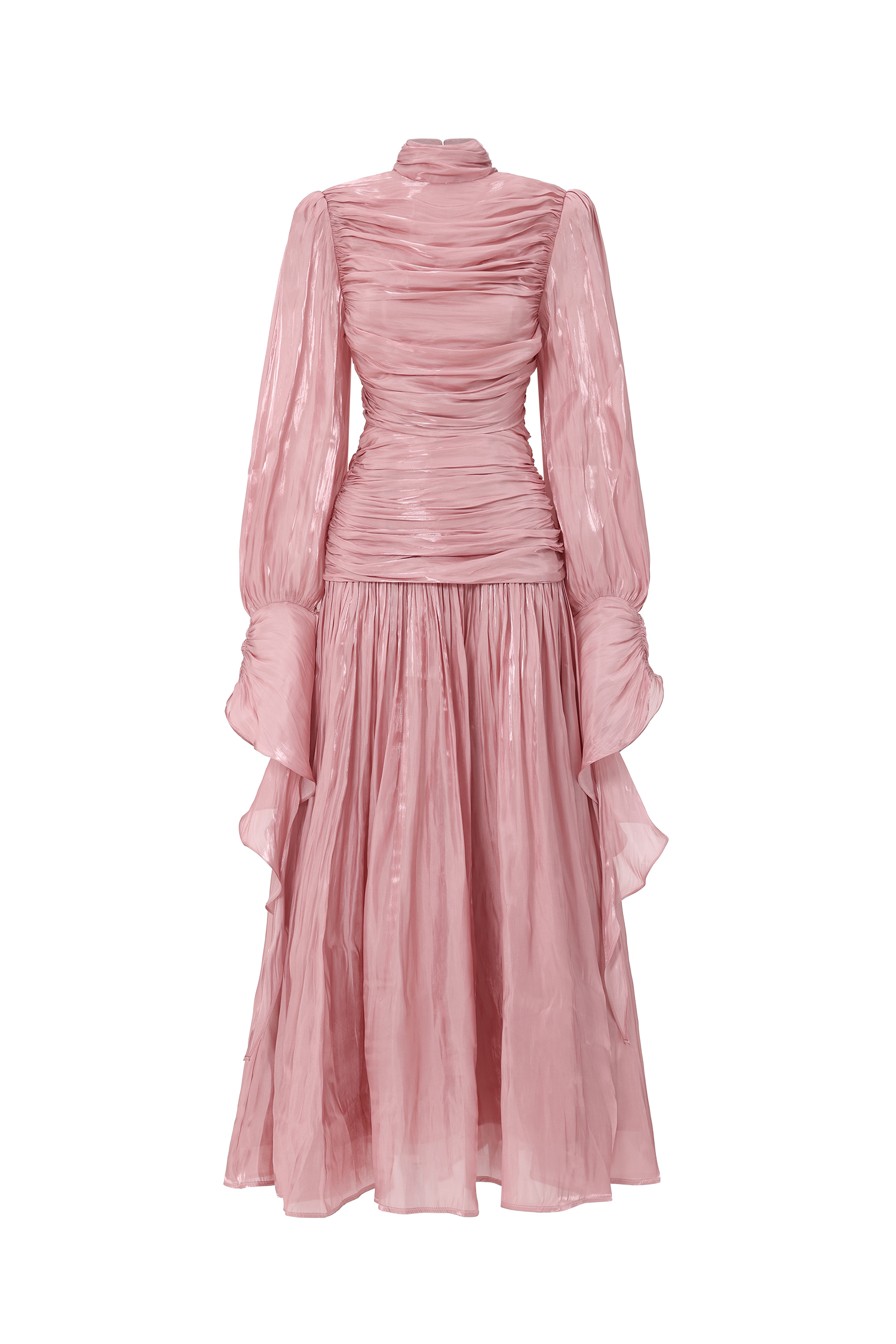 Viky Resort Waist-Defining Long Sleeve Ruched Woven Dark Pink Maxi Dress
