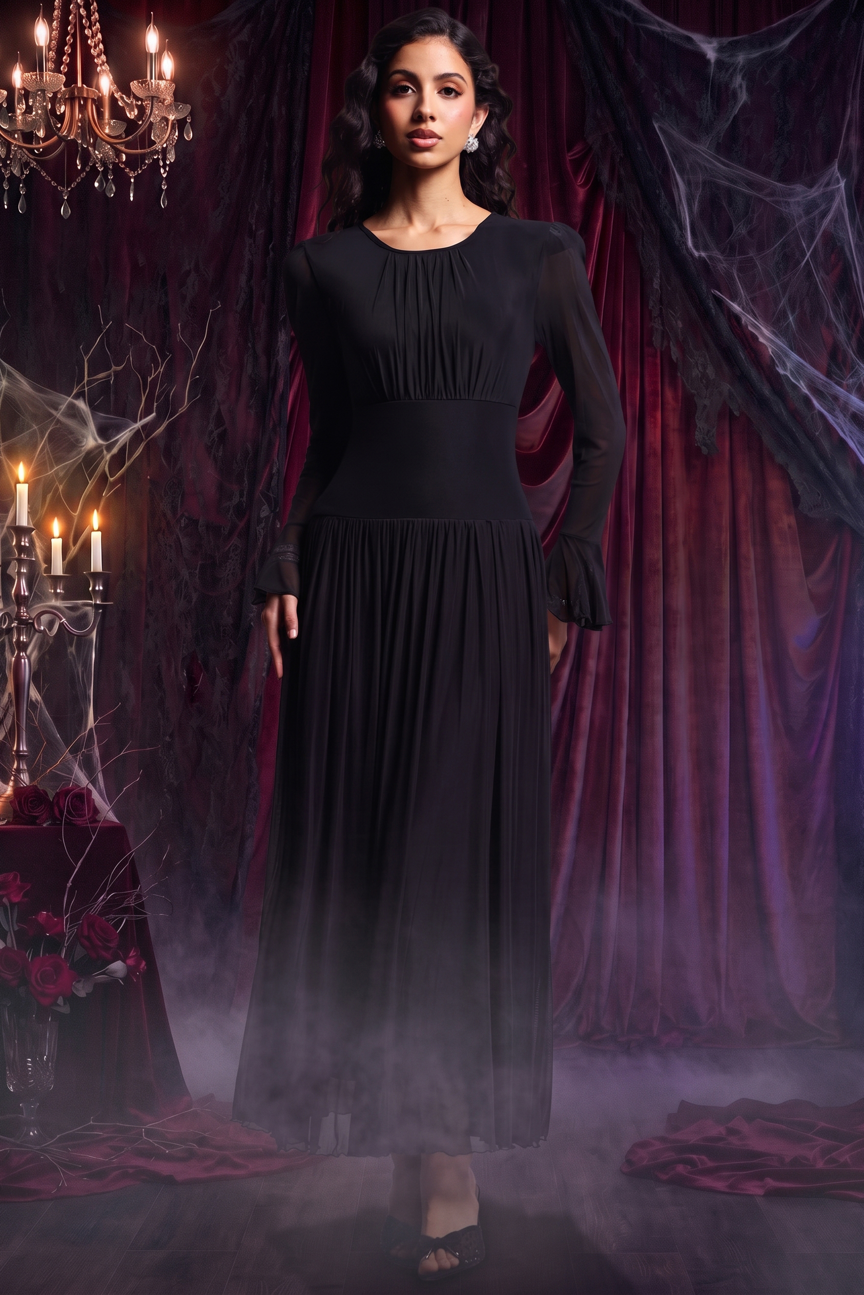 Kyra Classic Flowy Round Neck Long Sleeve Chiffon Maxi Dress