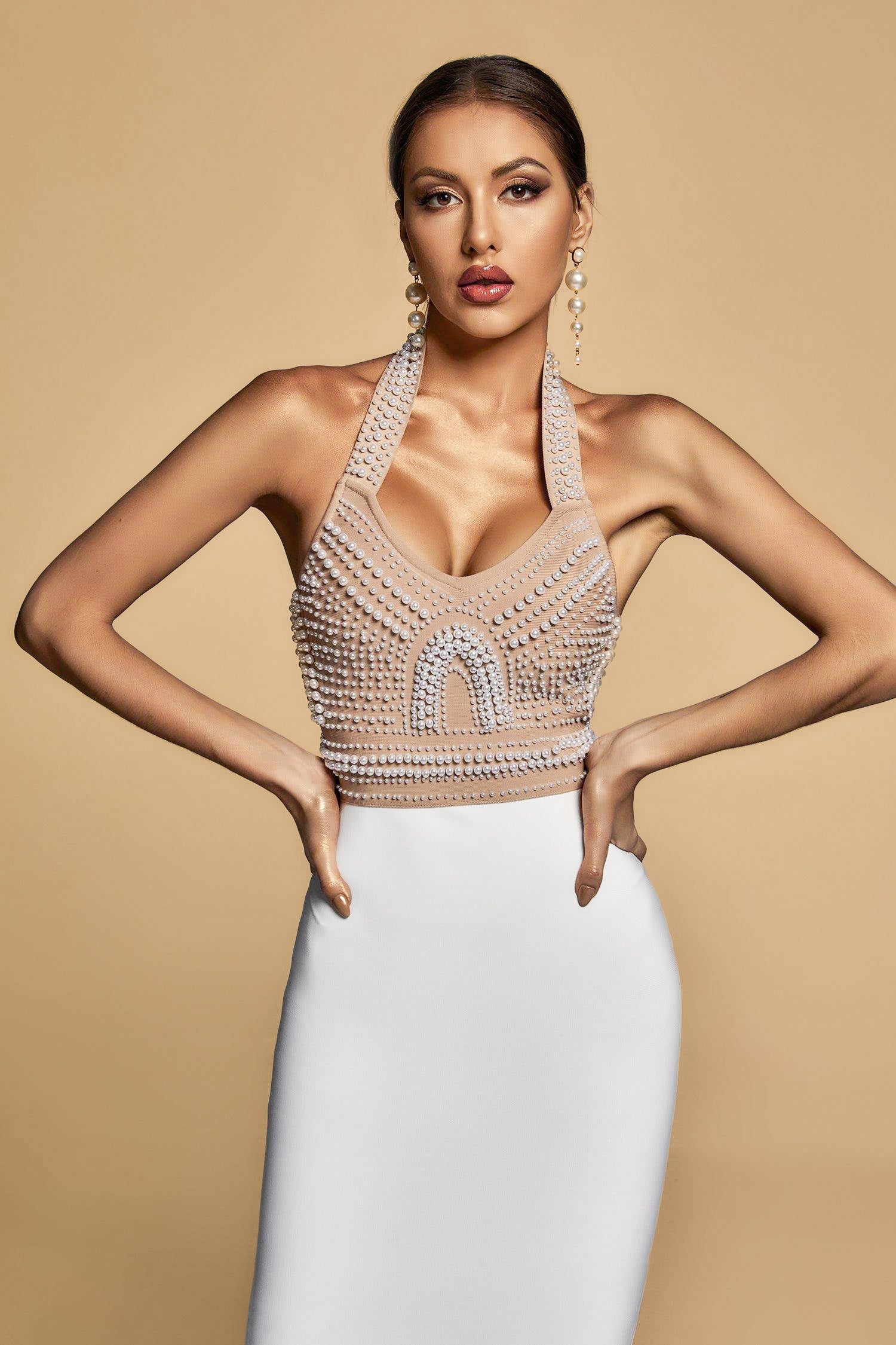 Cornelia Perlenhalter Bandagenkleid - Beige