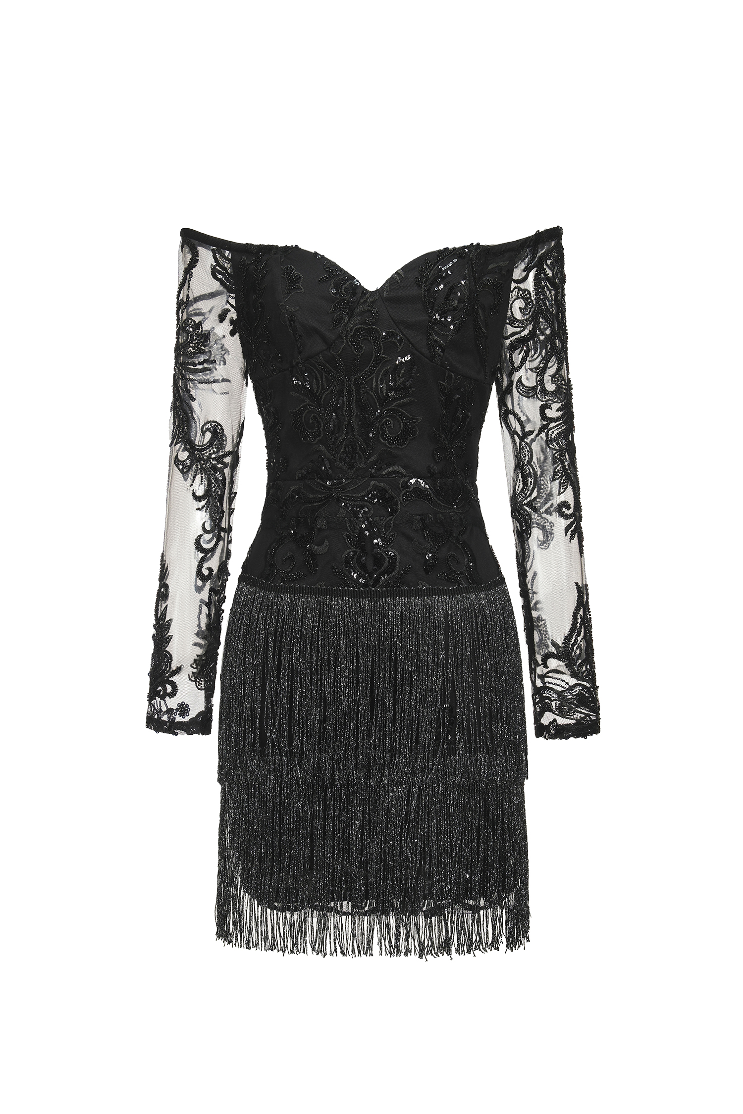 Ludia Lace Sequins Off Shoulder Fringe Mini Dress