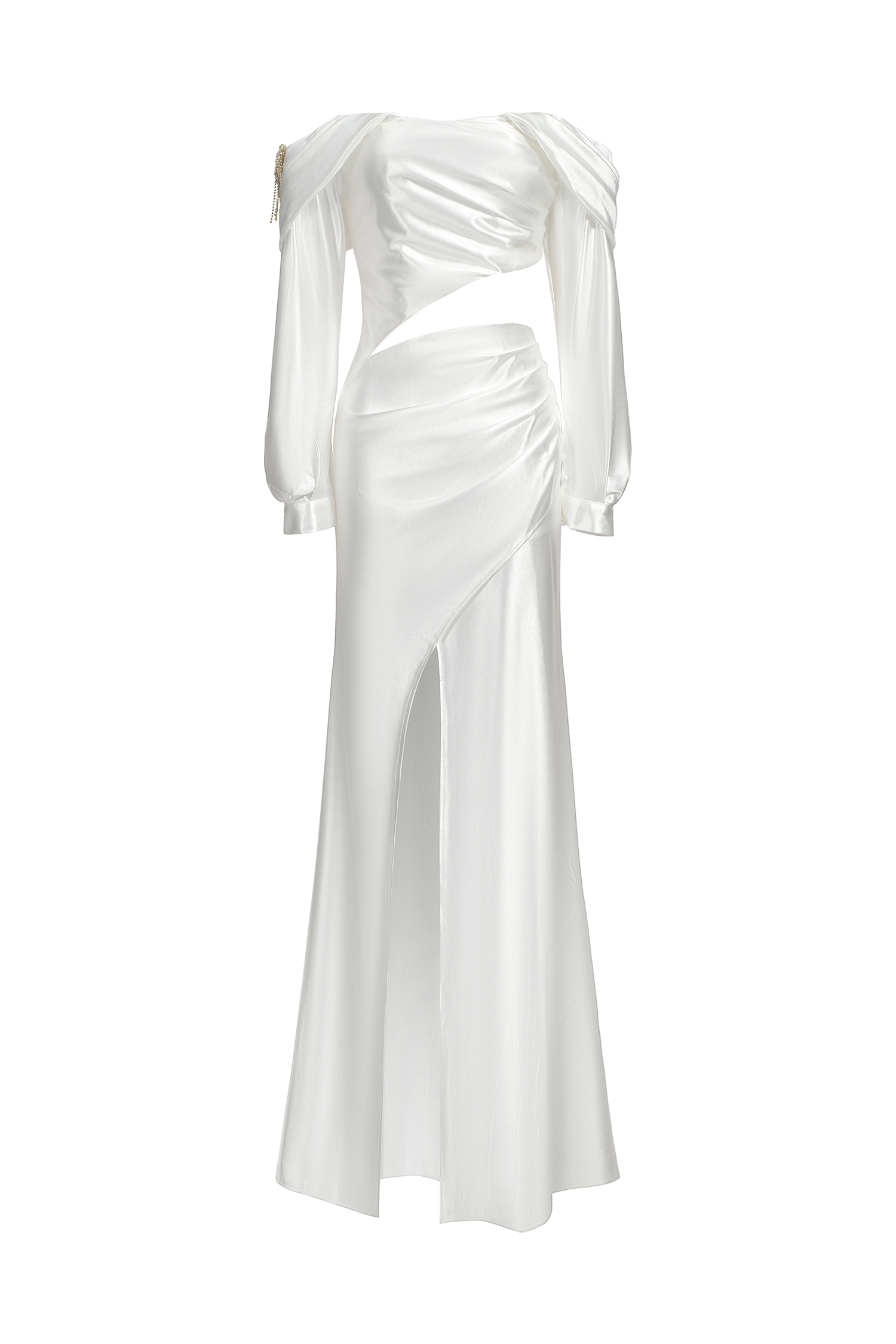 Dotty One Shoulder Long Sleeves Hollow High Slit Satin Maxi Dress