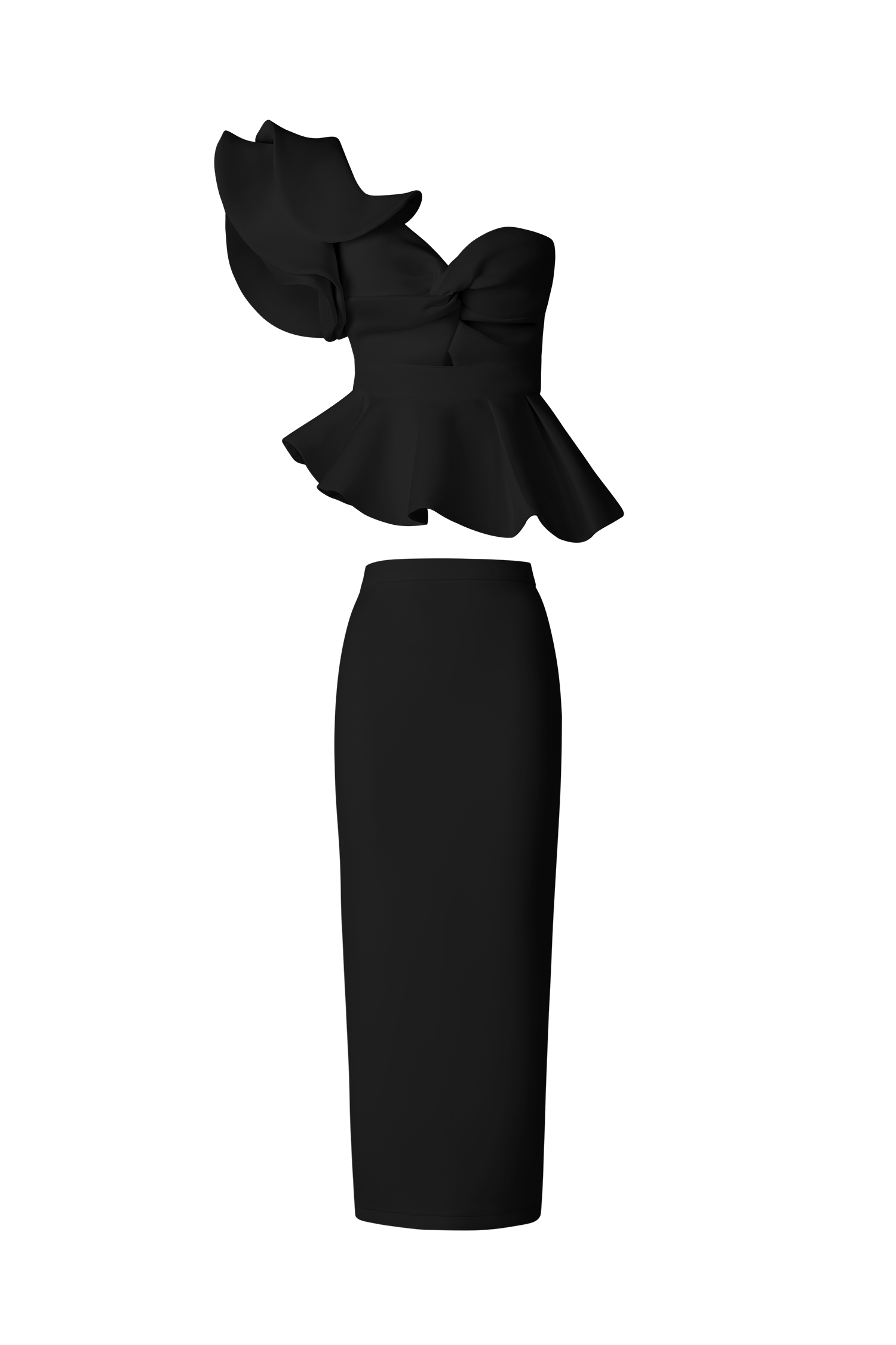 Luysa One Shoulder Asymmetry Black Midi Set