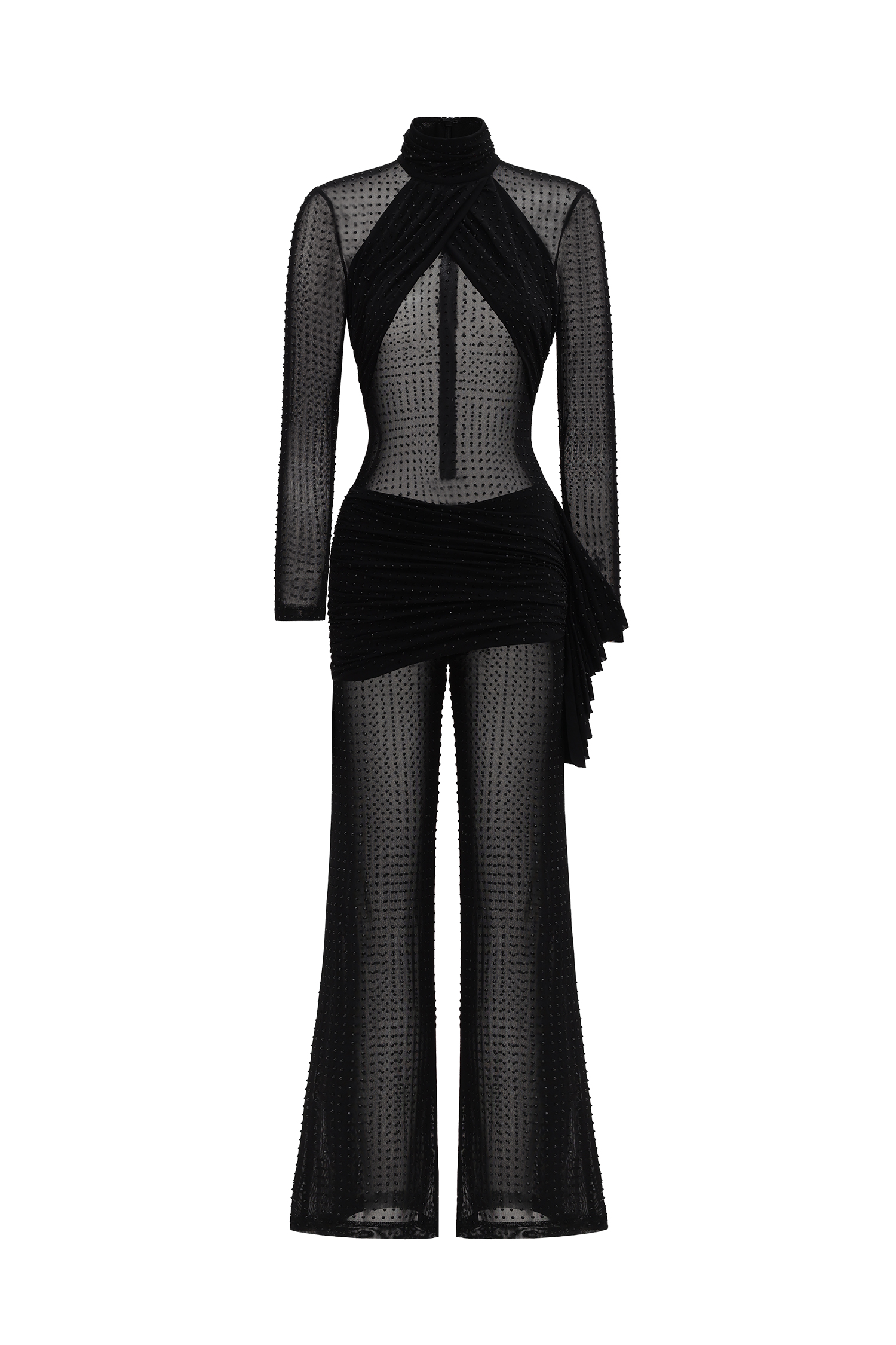 Leah Sexy Contour Ruched Crystal Mesh Jumpsuit