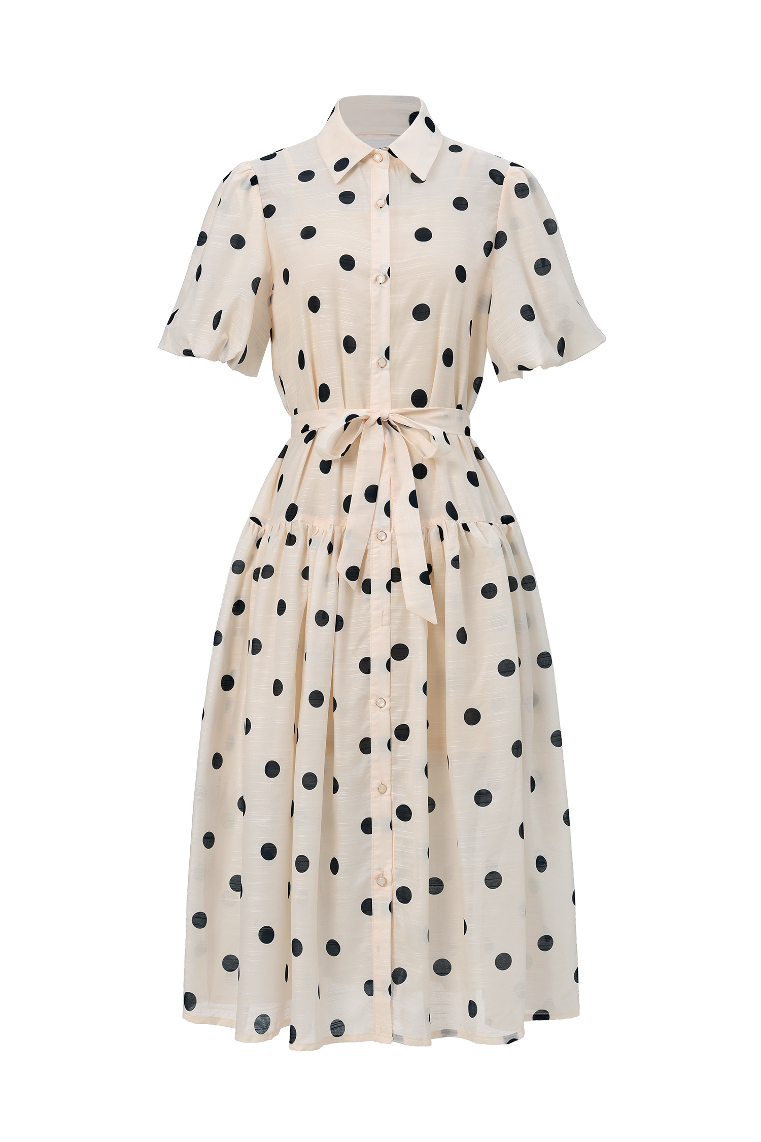 Kiera Lapel Dot Printed Puff Sleeves Midi Dress