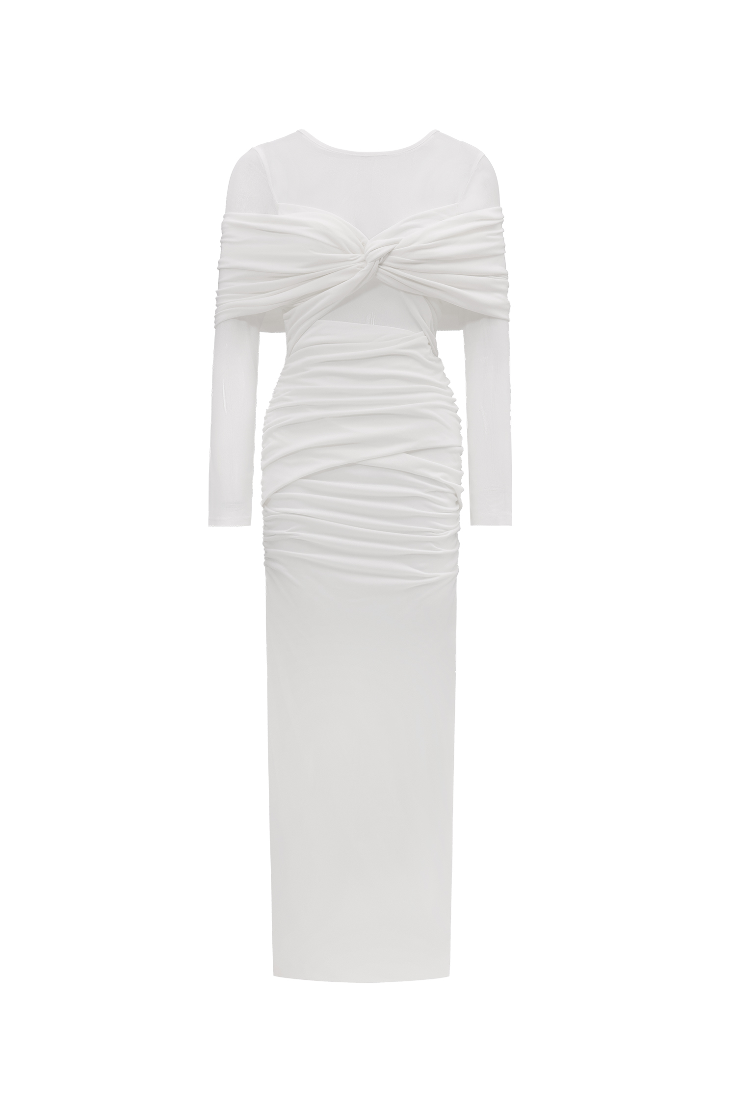 Ingrid Elegant Contour Ruched Mesh Layered Knit Maxi Dress