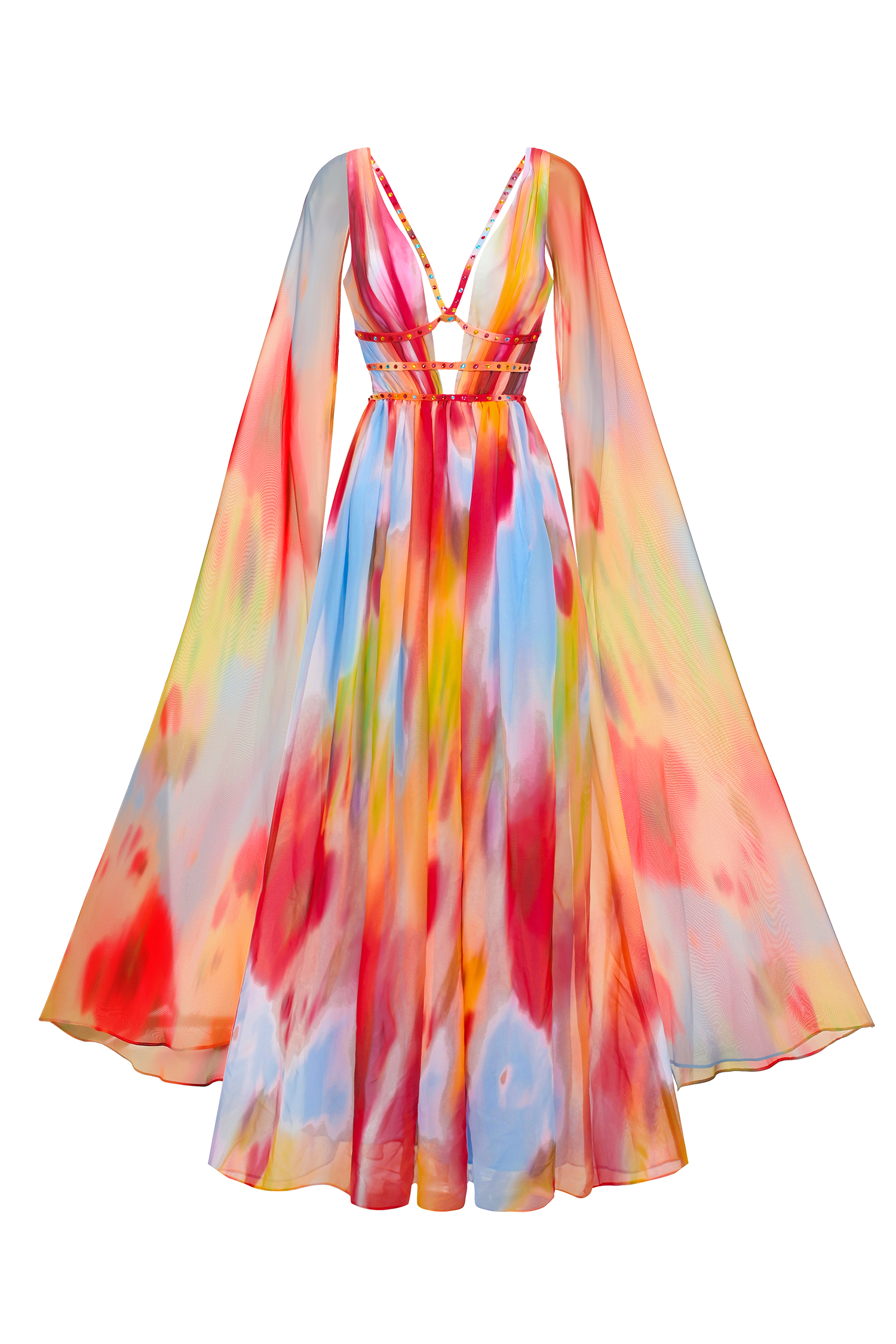 Zelda Sexy Flowy V Neck Cape Sleeve Abstract Print Maxi Dress
