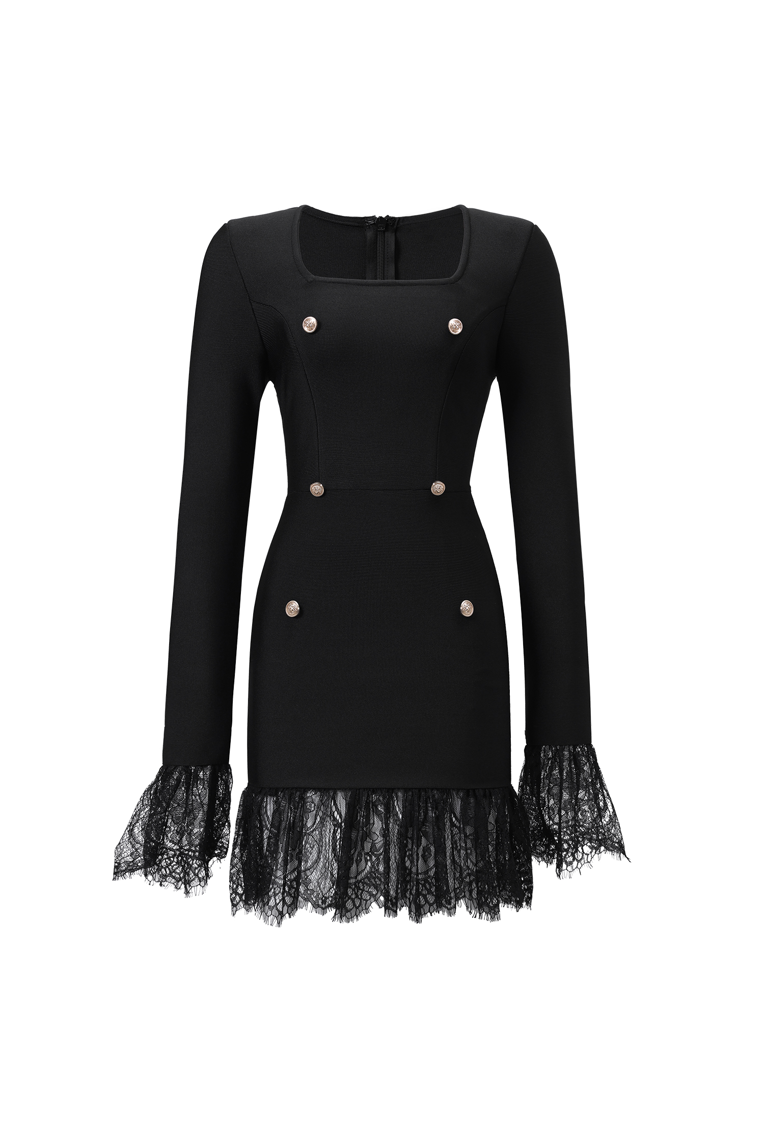 Sydney Classic Contour Long Sleeve Rhinestone Button Lace Bandage Mini Dress