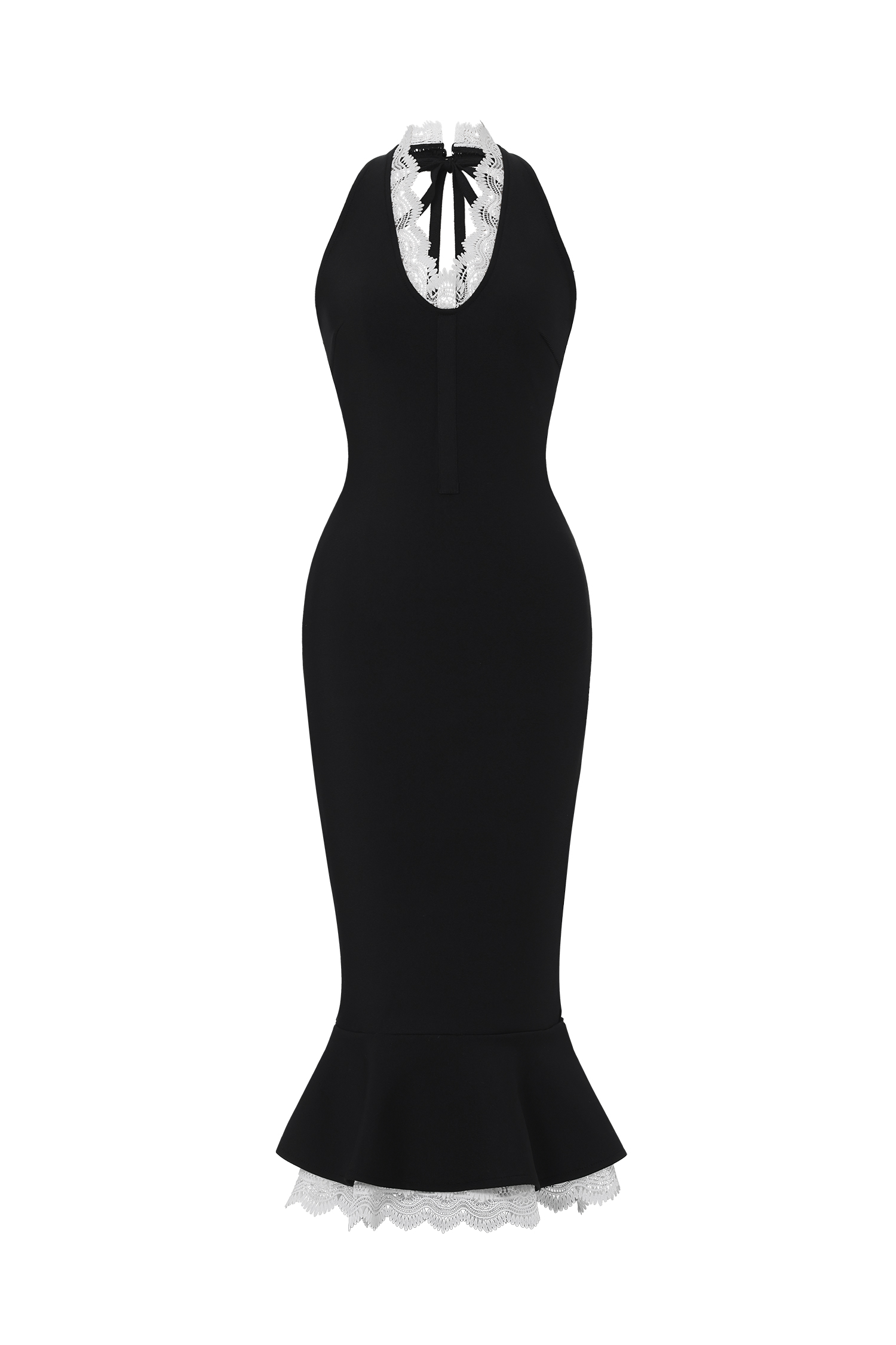 Miranda Romantic Contour Halter Button Front Lace Trim Bandage Midi Dress