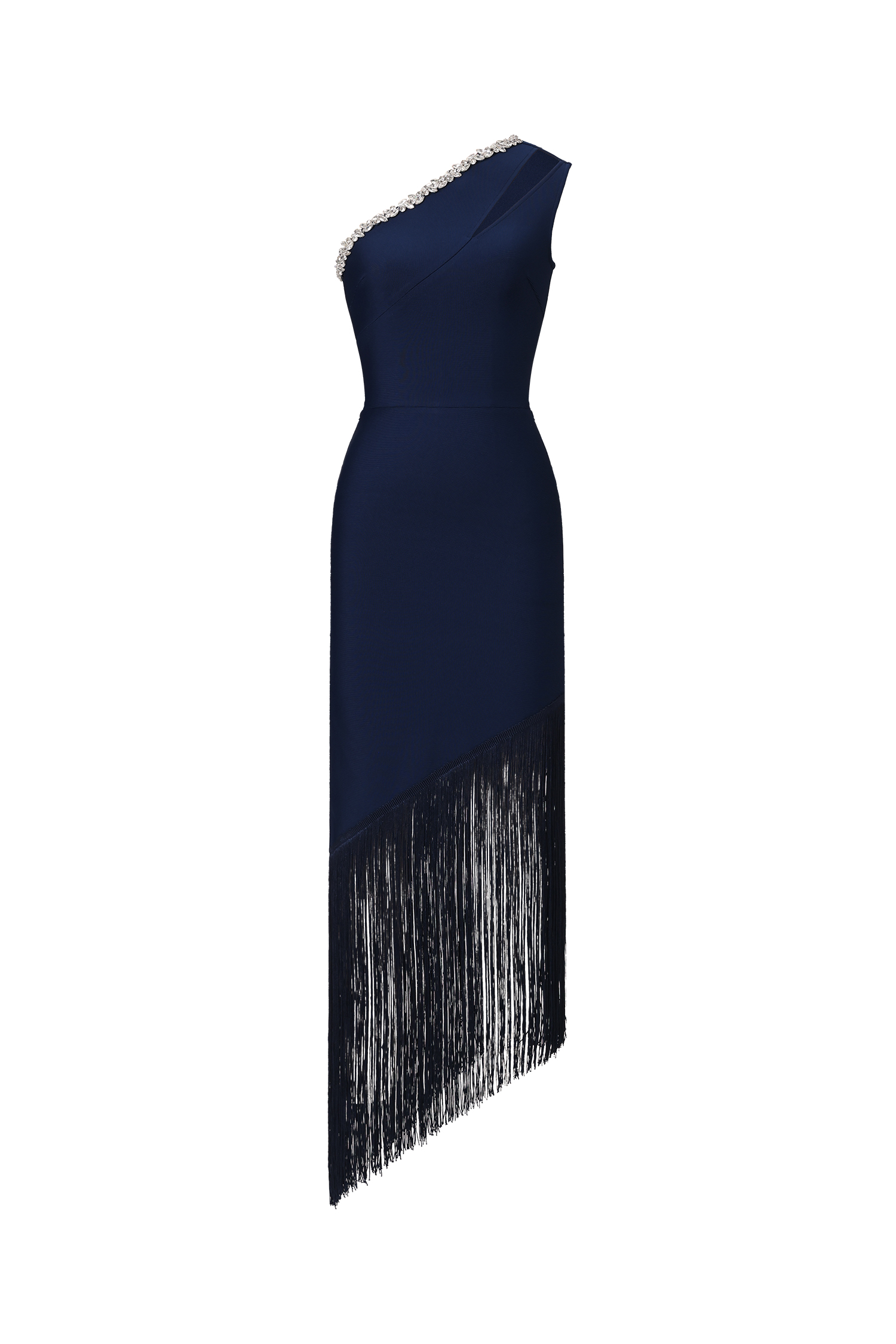 Fanya Elegant Contour One Shoulder Rhinestone Fringe Maxi Dress