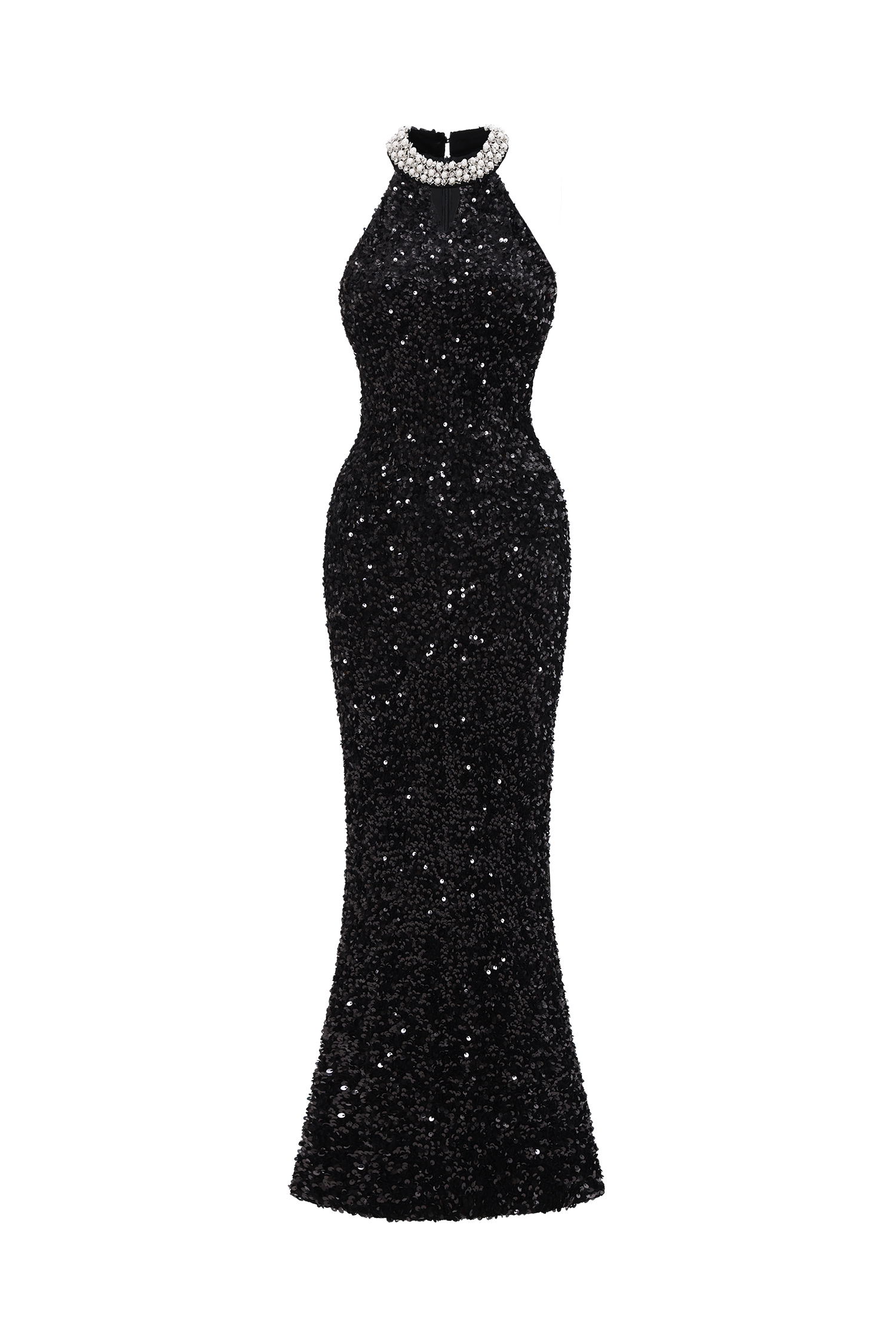Giela Elegant Contour Halter Pearl Sequin Maxi Dress